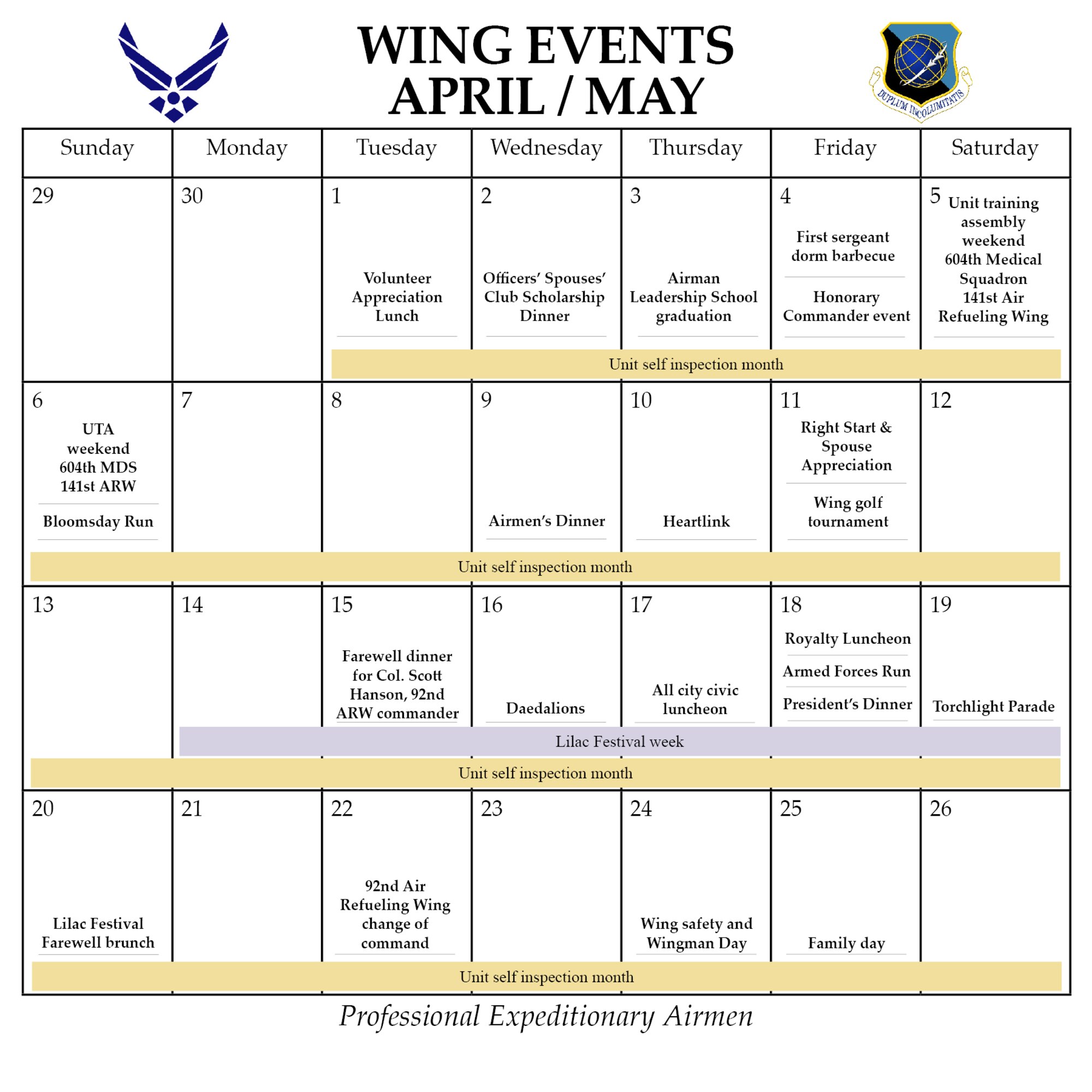FAIRCHILD AIR FORCE BASE, Wash. -- Wing events for April and May (U.S. Air Force graphic/Staff Sgt. Kristian Carter)
