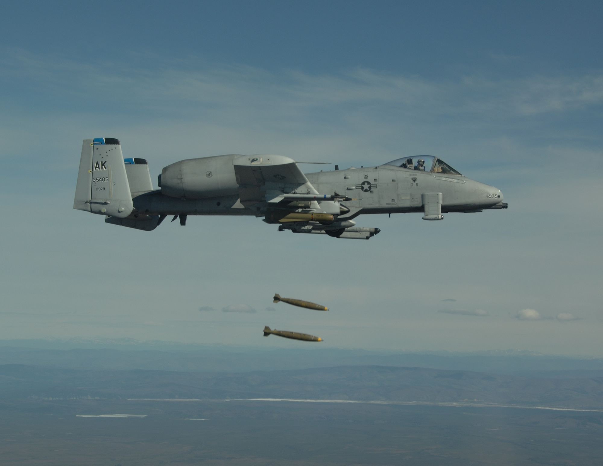EIELSON AIR FORCE BASE, Alaska--Captain Will Reynolds, A/OA-10 Warthog pilot from the 355th Fighter Squadron, drops Mk-82 bombs over the Pacific Alaska Range Complex during live fire training.The 355th Fighter Squadron is tasked to provide mission ready A/OA-10s as well as search and rescue capability, in Alaska and deployed sites worldwide. (U.S. Air Force photo by Master Sgt. Robert Wieland) 