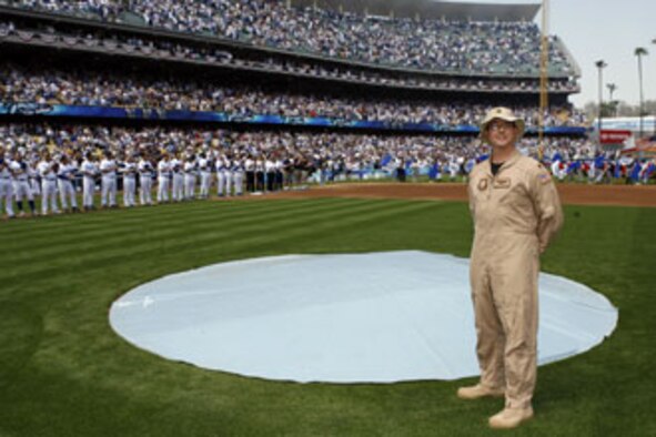 Maj. Paul Sonstein, C-17 pilot at March Air Reserve Base, Calif., at the opening Los Angeles Dodgers game (Photo courtesy of Jon Soo Hoo, Los Angeles Dodgers)