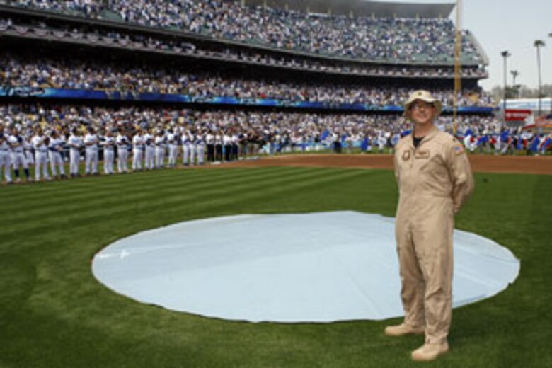 Maj. Paul Sonstein, C-17 pilot at March Air Reserve Base, Calif., at the opening Los Angeles Dodgers game (Photo courtesy of Jon Soo Hoo, Los Angeles Dodgers)