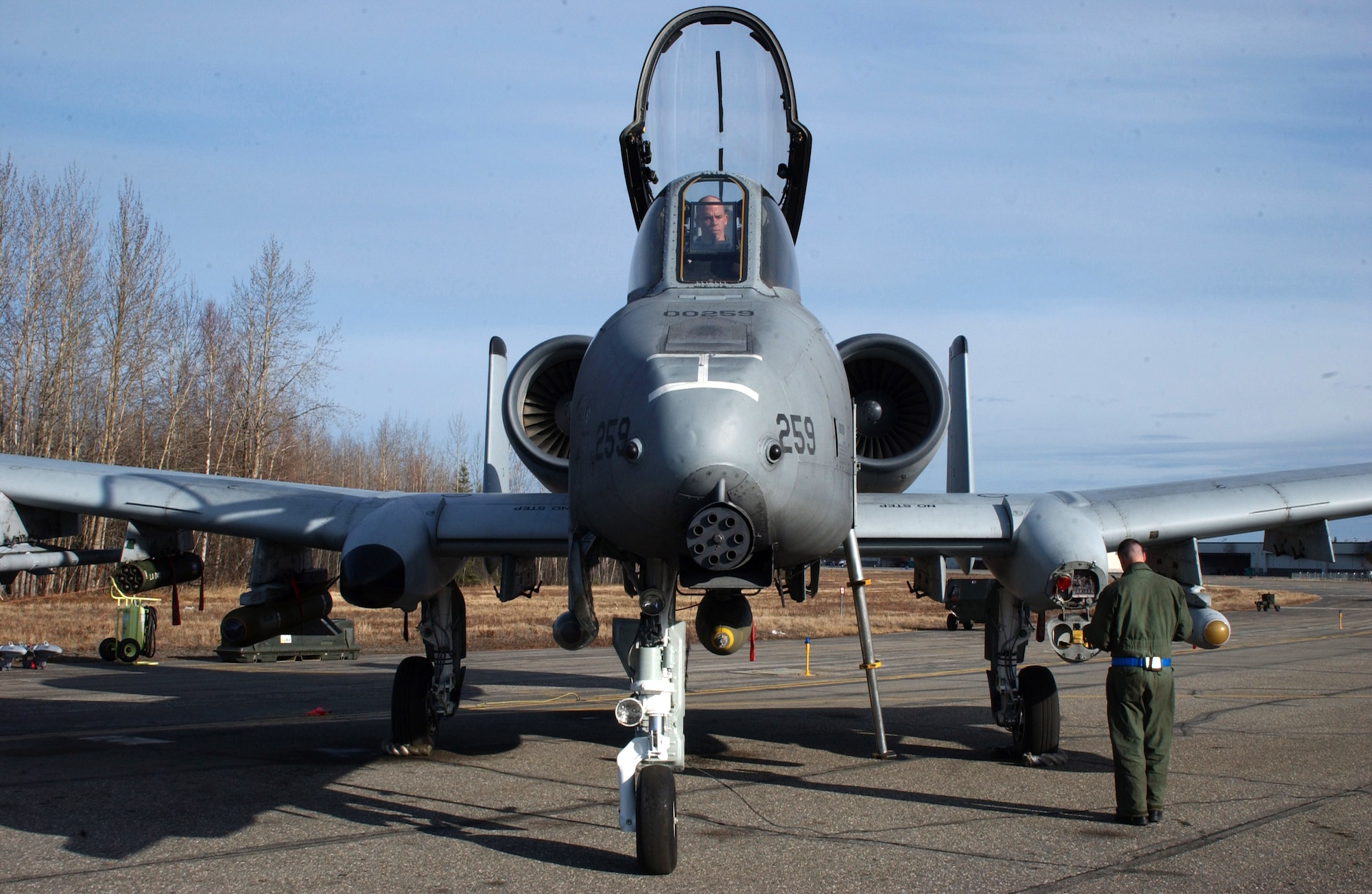 1st Lt. Dale Stark conducts a pre-flight inspection on an A-10 Thunderbolt II April 24 at Eielson Air Force Base, Alaska. Due to the Base Realignment and Closure list the A-10 Thunderbolt II is being relocated to Moody AFB, Ga. Lieutenant Stark is assigned to the 355th Fighter Squadron. (U.S. Air Force photo/Airman 1st Class Jonathan Snyder)
