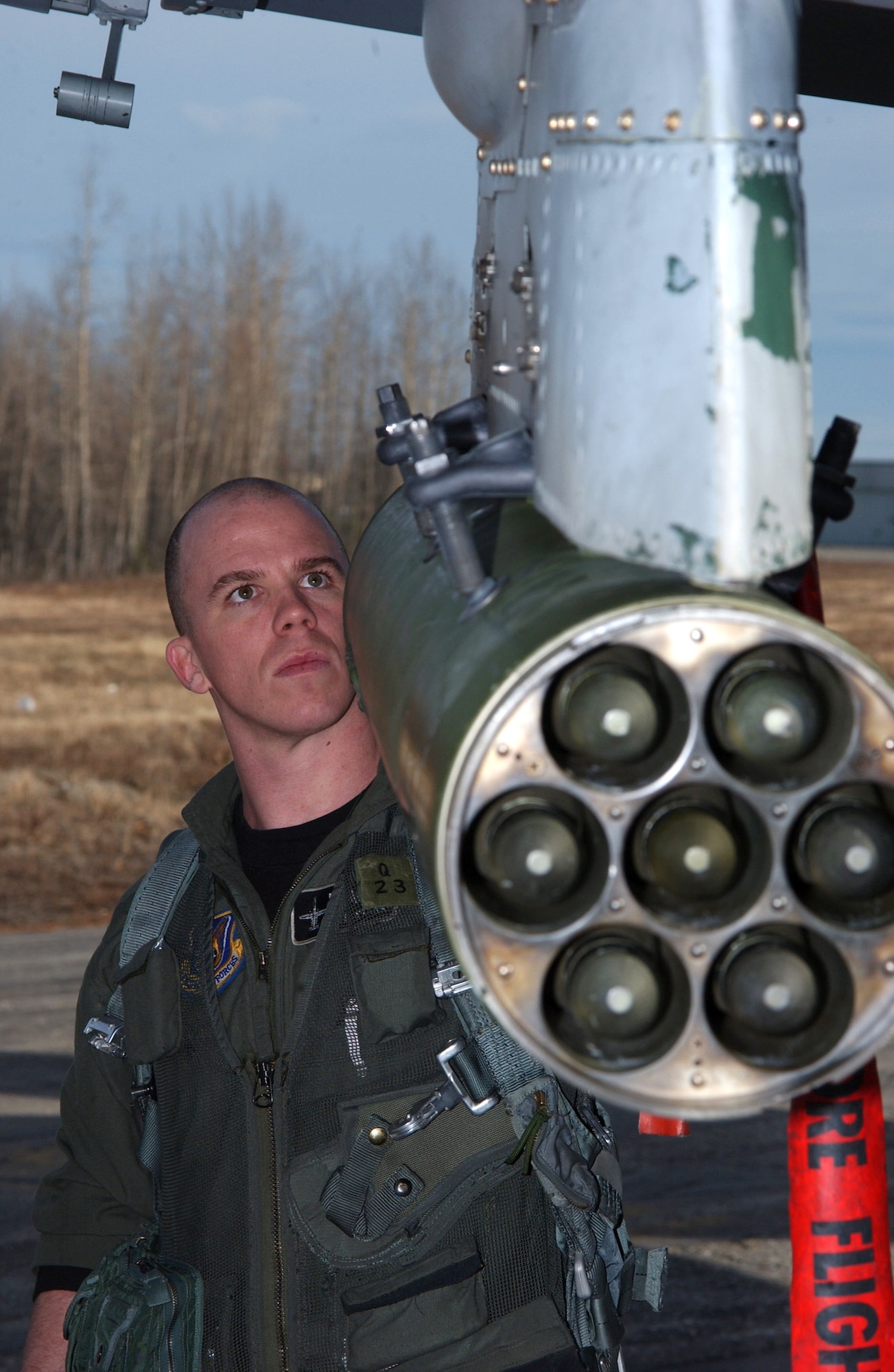 1st Lt. Dale Stark conducts a final walk-around inspection of all ordinances on an A-10 Thunderbolt II April 24 at Eielson Air Force Base, Alaska. Due to the Base Realignment and Closure list the A-10 Thunderbolt II is being relocated to Moody AFB, Ga. Lieutenant Stark is assigned to the 355th Fighter Squadron. (U.S. Air Force photo/Airman 1st Class Jonathan Snyder)
