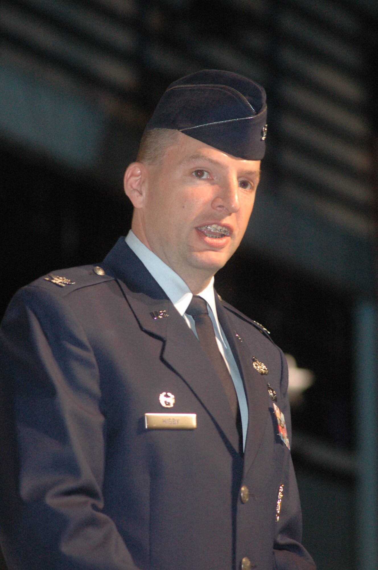 Col. Patrick Higby speaks after becoming the 78th Mission Support Group commander Friday, April 20, at the Museum of Aviation. Col. Higby comes to Robins from Langley, AFB, Va. where he was the Division Chief of the Network Systems Division, Directorate of Communications & Information, HQ Air Combat Command. U.S. Air Force photo by Sue Sapp