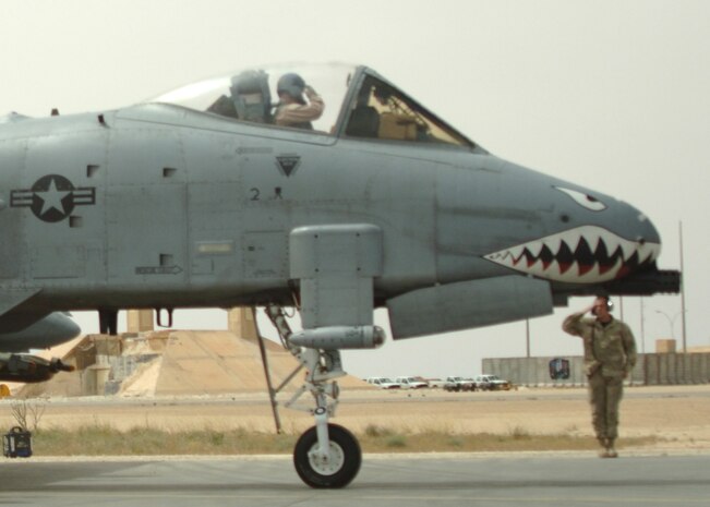 AL ASAD AIR BASE, Iraq — Phenix City, Ala. native crew chief Staff Sgt. Steve Young exchanges a final salute with A-10 pilot 1st Lt. Chris "Harpoon" Laird before a combat mission over Al Anbar Province in western Iraq. The Airmen belong to the 438th Air Expeditionary Group activated here Jan. 15, 2007, to provide close air support for Coalition Forces in the region. Within hours of standing up as a fully operational combat flying unit, the group was launching its fierce 'Warthogs' into battle. Since activating, the group has flown some 2,648 flying hours on 820 combat sorties providing CAS in some of the most challenging urban terrain in Iraq including Fallujah, Ramadi, Baghdad and Baquba, overcoming communications jams inherent in operations there, and remaining focused, vigilant and effective against a determined enemy. (U.S. Air Force photo/Capt. Ken Hall)