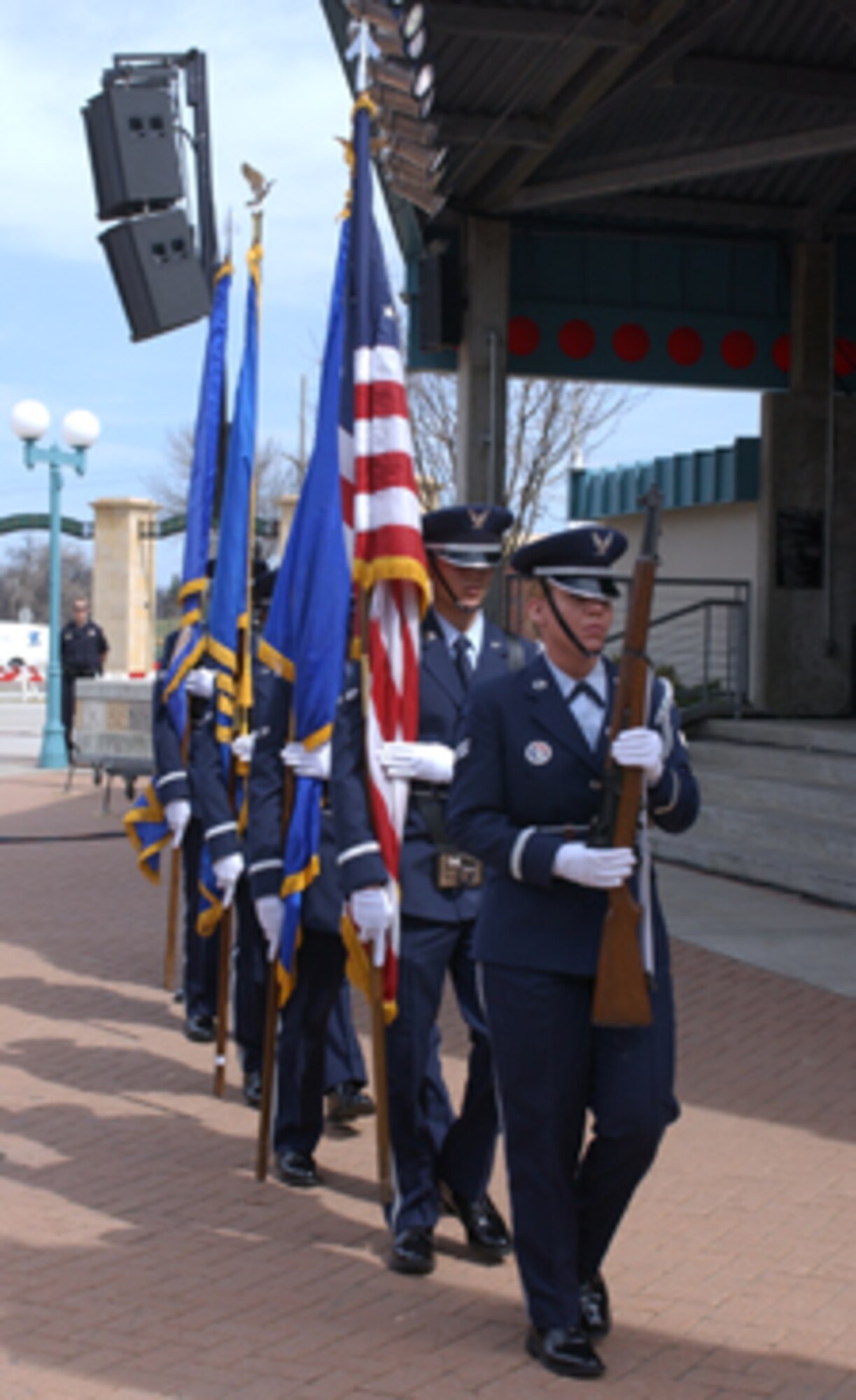 The Grand Forks Air Force Base Honor Guard posts the colors during the Permanent Flood Protection Project dedication April 22 for the historic flood of ’97 commemoration at the town square in downtown Grand Forks, N.D. (U.S. Air Force photo/Airman 1st Class Ashley Coomes)