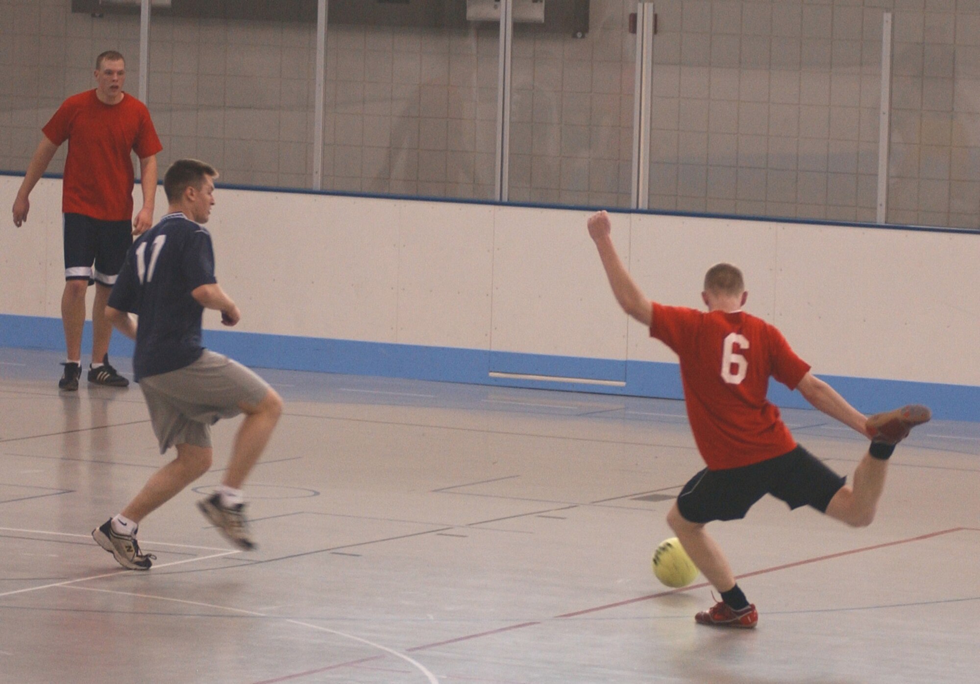 GRAND FORKS AIR FORCE BASE, ND – A 319th Maintenance Squadron offensive player attempts to score against the 319th Operations Support Squadron defender during intramural soccer here April 19. Unfortunately, MXS was unable to collect on any attempts to score against the OSS defensive phalanx. (U.S. Air Force photo/Senior Airman J. Paul Croxon)
