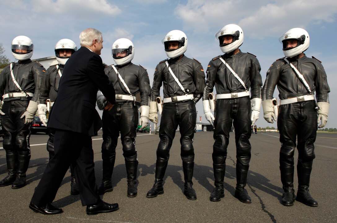 U.S. Defense Secretary Robert M. Gates thanks German motorcycle police for their assistance in his motorcade in Berlin, April 25, 2007.