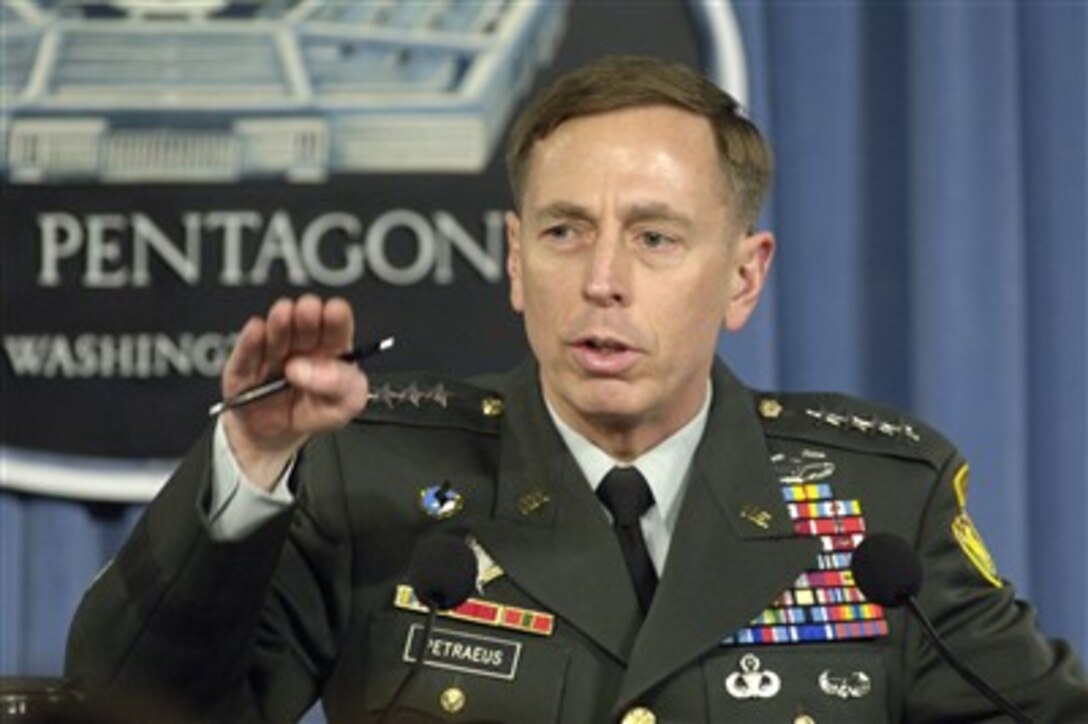 Commander, Multinational Force-Iraq Gen. David Patraeus, U.S. Army, talks to reporters on the current military situation in Iraq during a press briefing in the Pentagon on April 26, 2007.  