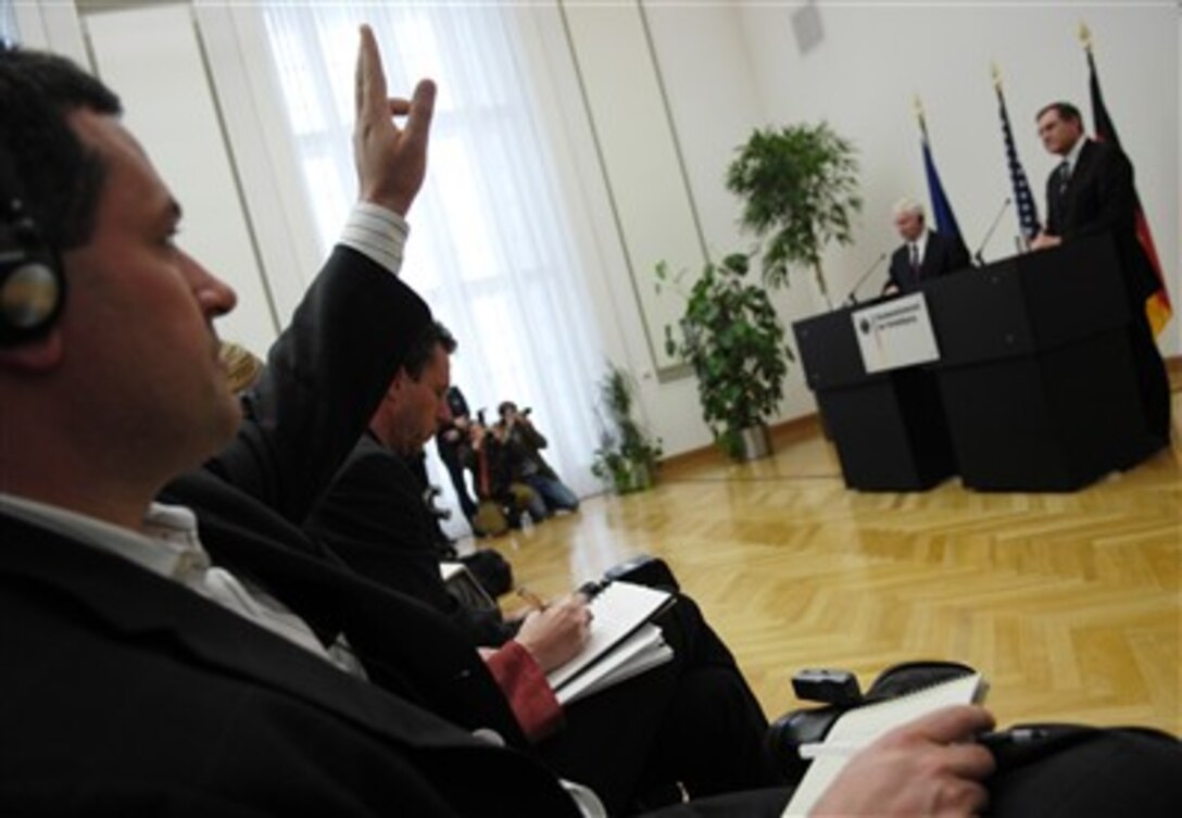 Pentagon correspondent Demetri Sevastopulo, Financial Times, attends a press conference with U.S. Defense Secretary Robert M. Gates and German Minister of Defense Franz Josef Jung  in Berlin,  April 25, 2007. 