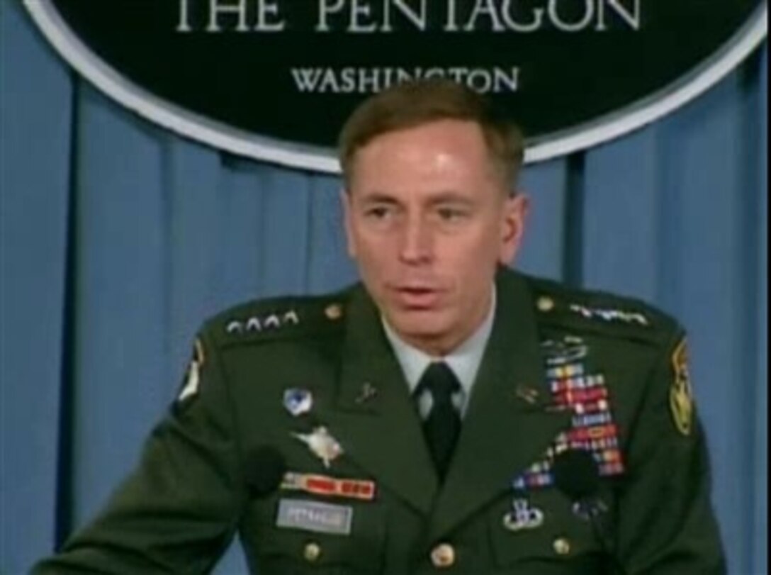 Commander Multi-National Force-Iraq U.S. Army Gen. David Petraeus speaks with reporters at the Pentagon, April 26, 2007.