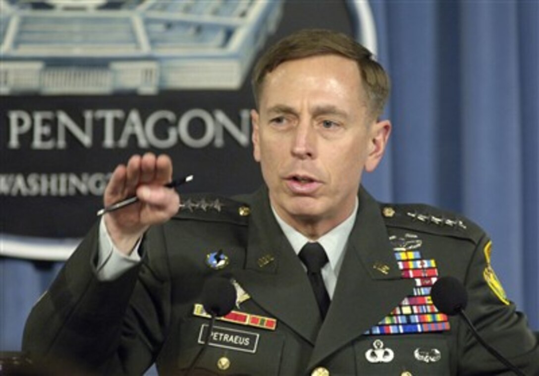 U.S. Army Gen. David Petraeus, commander, Multinational Force-Iraq, briefs reporters in the Pentagon, April 26, 2007, on his view of the current military situation in Iraq.  