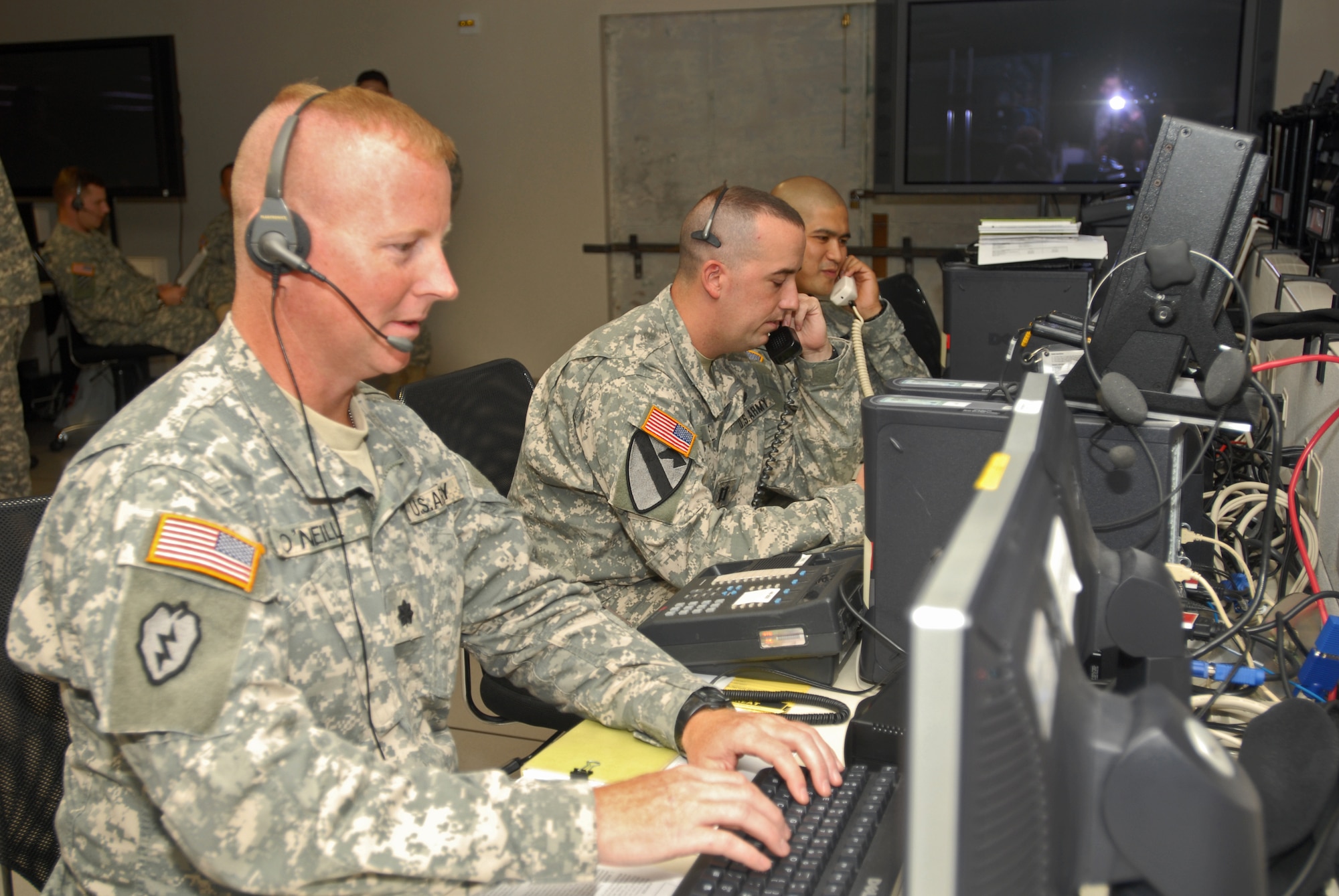 U.S. Army soldiers work in the 613th Air and Space Operations Center at Hickam during a recent joint exercise.  The AOC’s Integrated Air and Missile Defense team works will all services to institutionalize IAMD processes.  U.S. Air Force photo.