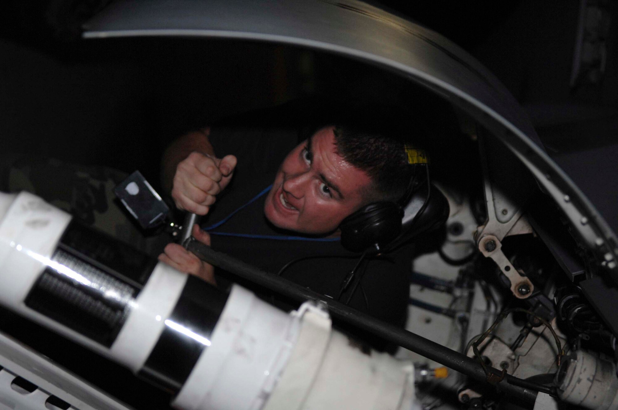SHAW AIR FORCE BASE, S.C. -- Staff Sgt.Todd Goucher, 55th Fighter Squadron propulsion apprentice, pumps jet fuel into an F-16 starter April 24. The 55th FS and the 55th Aircraft Maintenance Unit deployed to Southwest Asia to participate in two large-scale, multinational forces exercises. (U.S. Air Force photo/Airman 1st Class Matthew Davis)