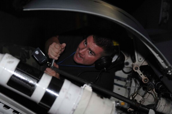 SHAW AIR FORCE BASE, S.C. -- Staff Sgt.Todd Goucher, 55th Fighter Squadron propulsion apprentice, pumps jet fuel into an F-16 starter April 24. The 55th FS and the 55th Aircraft Maintenance Unit deployed to Southwest Asia to participate in two large-scale, multinational forces exercises. (U.S. Air Force photo/Airman 1st Class Matthew Davis)