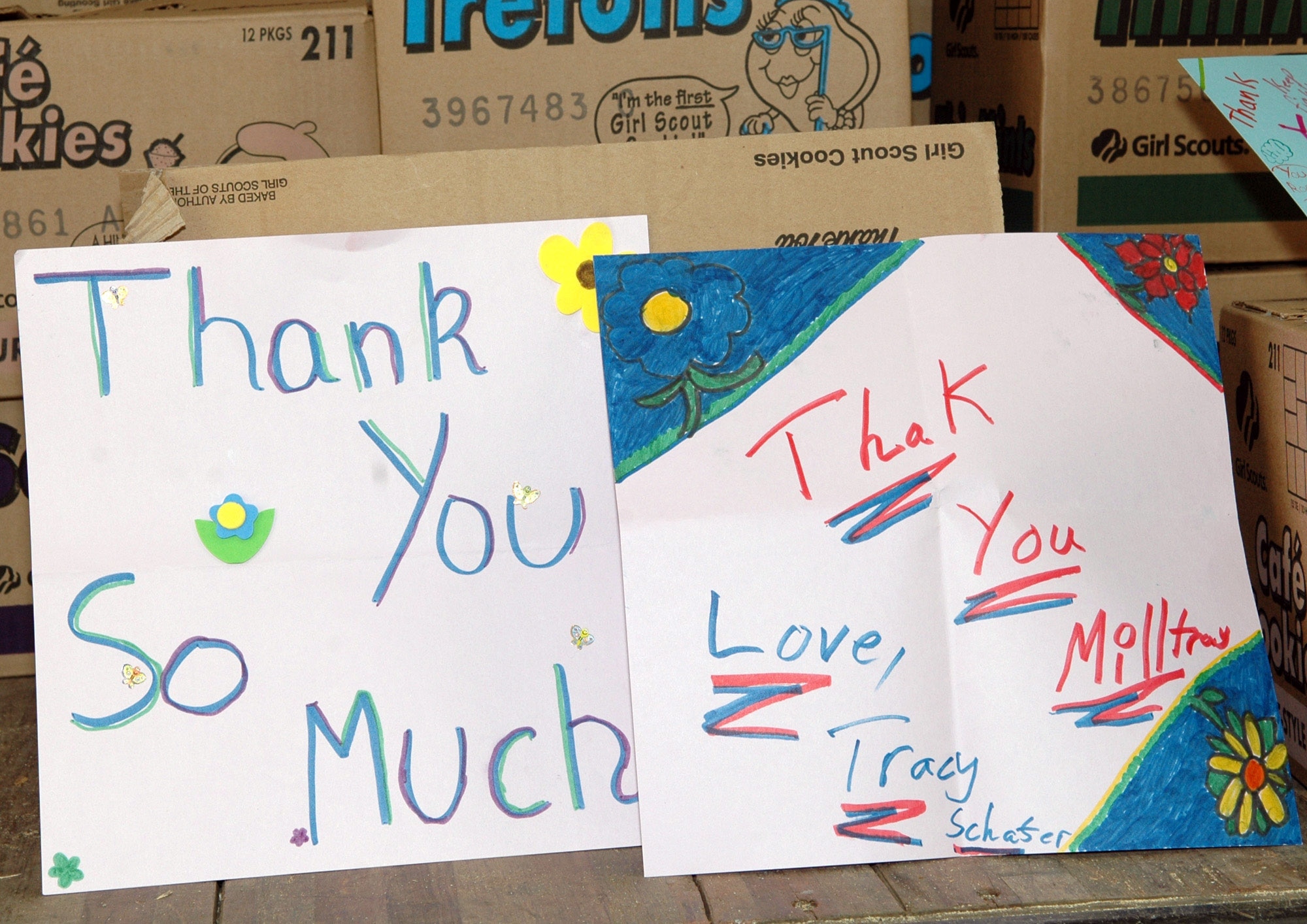 The Girl Scouts with the Inland Empire Council collected more than 9,600 boxes of cookies through Operation Troop to Troop and sent thank you letters April 23 from the Girl Scout Troop 333 near Spokane, Wash. The cookies, along with posters and letters, will be sent to deployed servicemembers to thank them for serving. (U.S. Air Force photo/Staff Sgt. Larry Carpenter)