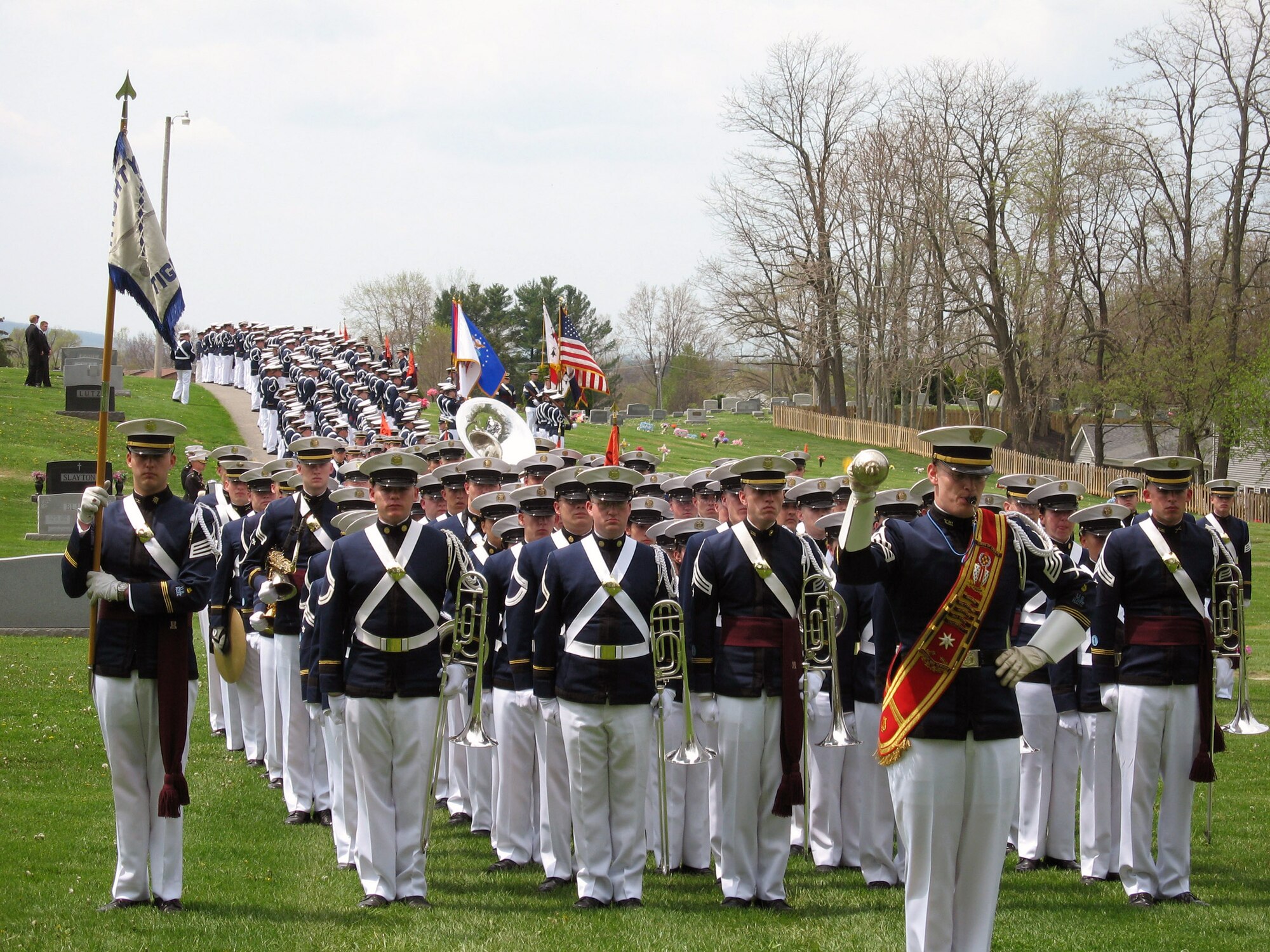 The Virginia Tech Corps of Cadets paid honors to one of their classmates in Blacksburg, Va., April 25.  Cadet Matthew La Porte, a sophomore in Air Force ROTC Detachment 875 and the Virginia Tech Corps of Cadets, was one of the 32 students and faculty killed during the shooting incident at the school April 16.  Cadet La Porte's unit, the Highty-Tighties, prepares to lead the regiment back to the Upper Quad on campus after the cadet's funeral. (Courtesy photo) 