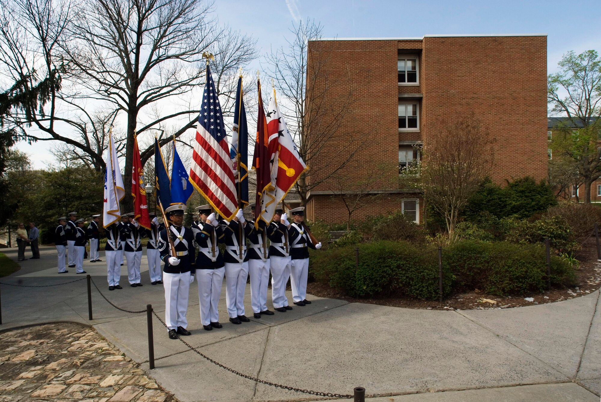 The Color Guard prepares to leave the Upper Quadrangle at Virginia Tech for the regimental march to the cemetery in Blacksburg, Va., April 25. The school's Corps of Cadets paid honors to one of their classmates. Cadet Matthew La Porte, a sophomore in Air Force ROTC Detachment 875 and the Virginia Tech Corps of Cadets, was one of the 32 students and faculty killed during the shooting incident at the school April 16. (Courtesy photo/Rick Griffiths) 