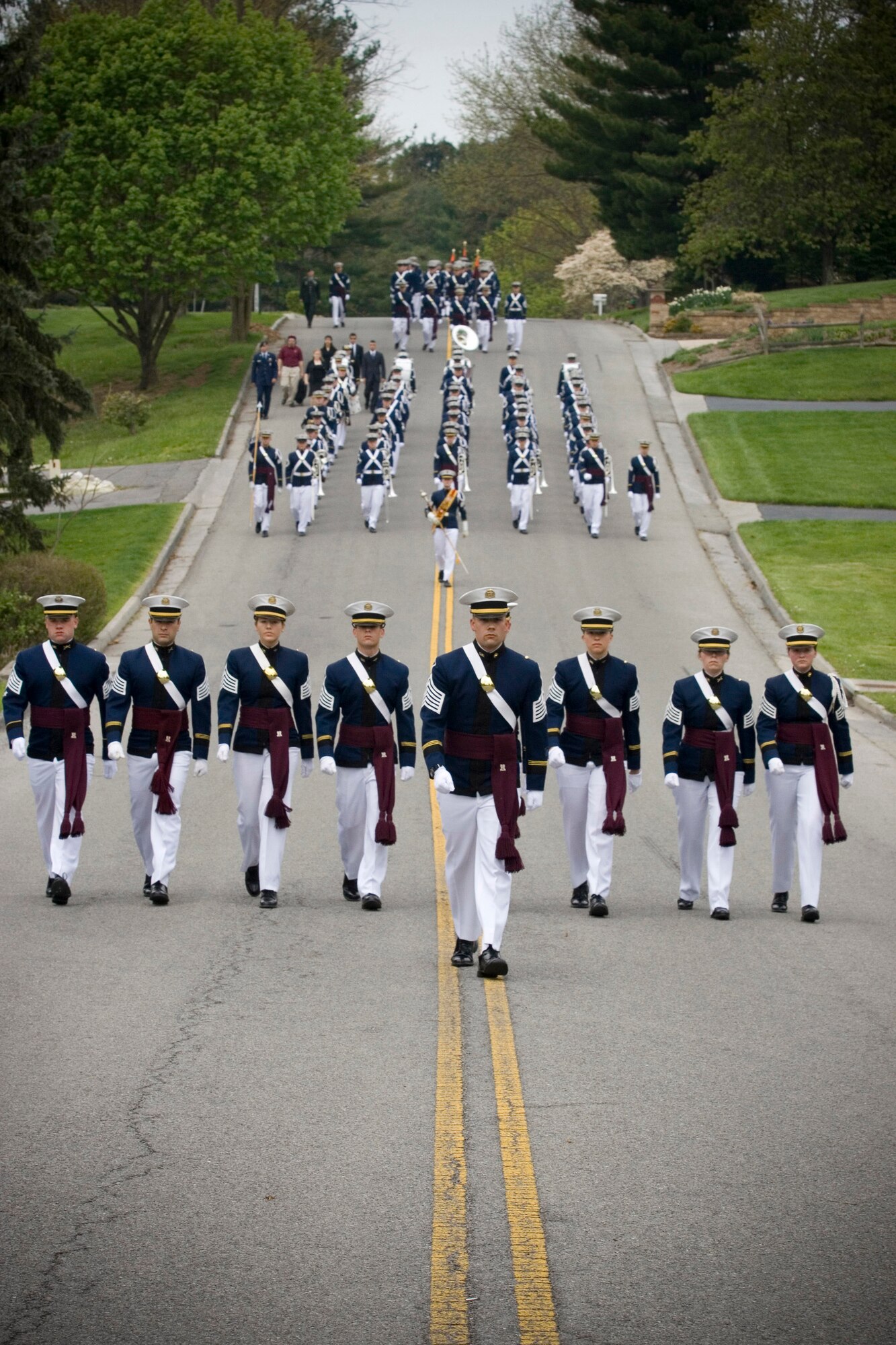 Cadet Andrew Archut leads the regiment of the Virginia Tech Corps of Cadets through the streets of Blacksburg, Va., April 25. The regiment paid honors to one of their classmates. Cadet Matthew La Porte, a sophomore in Air Force ROTC Detachment 875 and the Virginia Tech Corps of Cadets, was one of the 32 students and faculty killed during the shooting incident at the school April 16. (Courtesy photo/Josh Armstrong)