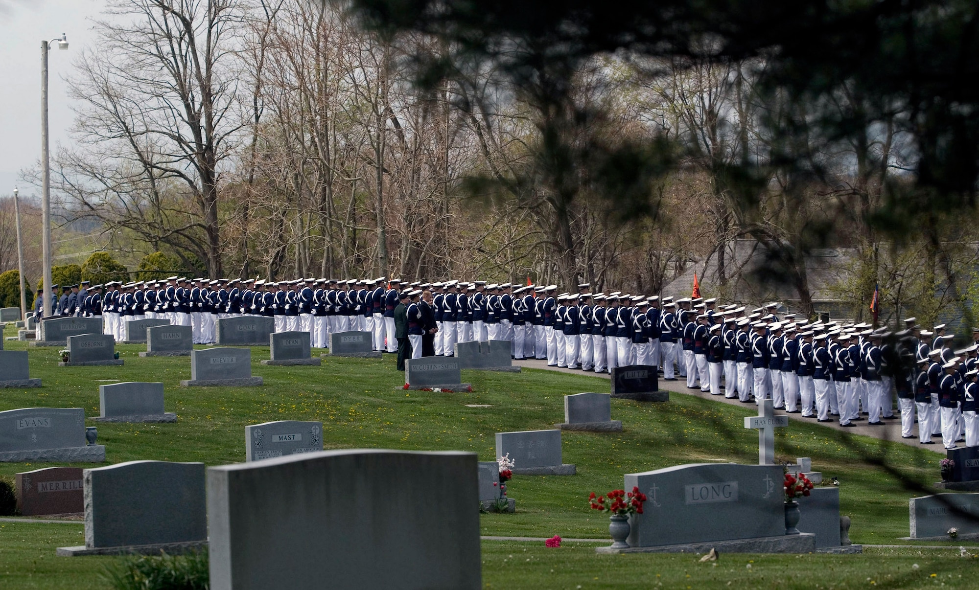 The regiment of the Virginia Tech Corps of Cadets stands in formation along the hills of the cemetery in Blacksburg, Va., April 25. Cadet Matthew La Porte, a sophomore in Air Force ROTC Detachment 875 and the Virginia Tech Corps of Cadets, was one of the 32 students and faculty killed during the shooting incident at the school April 16. (Courtesy photo/Michael Kiernan) 