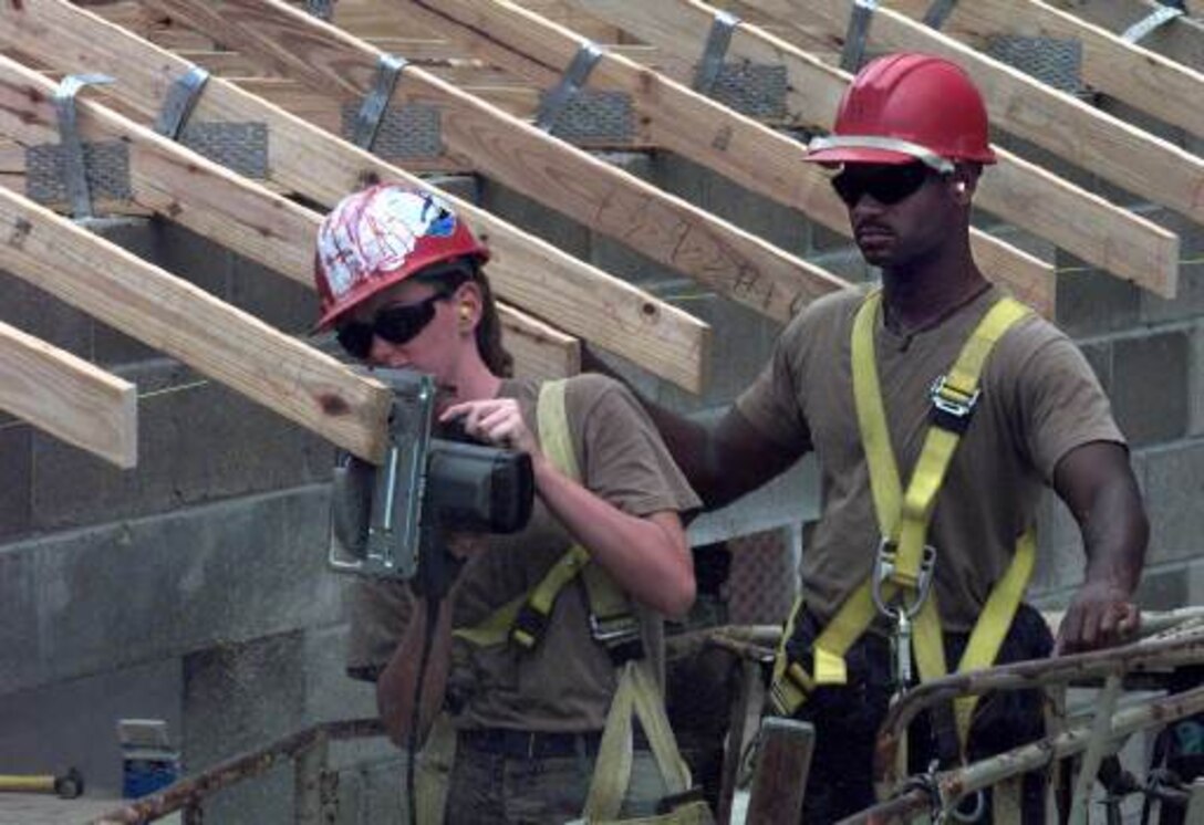 Airman 1st Class Christine Hensley (left) uses a circular saw to cut the outer edge of a roof truss of an operations center being built for the St. Kitts/Nevis Defense Force at Camp Springfield, Basseterre, St. Kitts. Senior Airman William Broadnax watches. Hensley and Broadnax, both members of the 823rd Rapid Engineer Deployed-Heavy Operations Repair Squadron Engineer team, Hurlburt Field, Fla., are deployed with the U.S. Southern Command training exercise New Horizons, dedicated this year to helping Caribbean nations recover from Hurricanes Georges and Mitch. Staff Sgt. Steve Faulisi, USAF