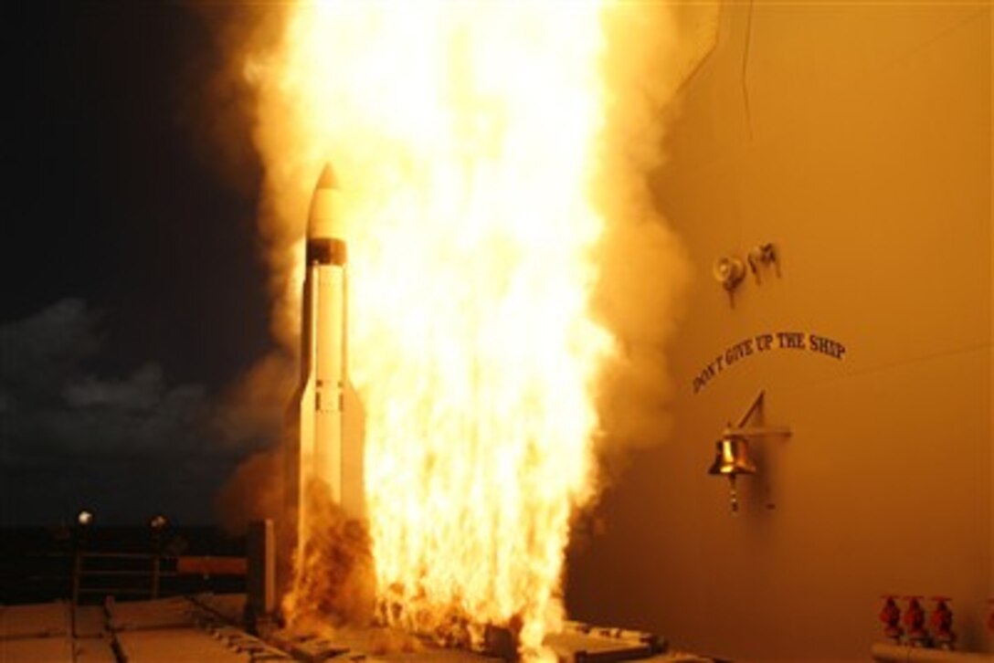 A Standard Missile 3 is launched from the Aegis cruiser USS Lake Erie (CG 70) during a joint Missile Defense Agency and U.S. Navy ballistic missile flight test in the Pacific Ocean on Apr. 25, 2007.  Approximately three minutes later the missile intercepted a ballistic missile threat target launched from the Pacific Missile Range Facility, Barking Sands, Kauai, Hawaii.  