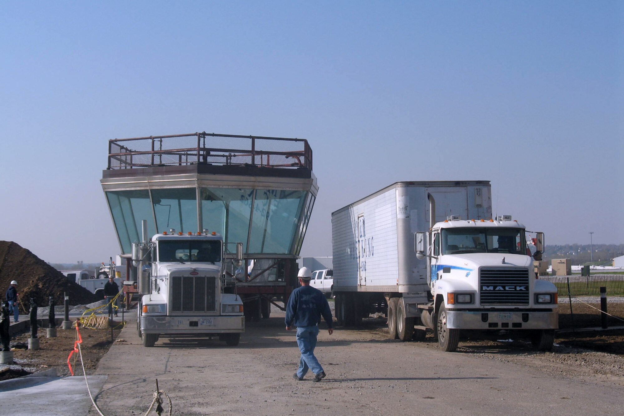 OFFUTT AIR FORCE BASE, Neb. -- The cab of Offutt's old air traffic control tower sits on a flatbed trailer after being removed as the tower was dismantled April 21. A ribbon cutting for the new air traffic control tower is scheduled for 11 a.m. May 9. (U.S. Air Force Photo by Bruce McCauley)