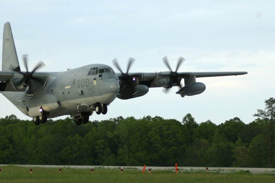 A C-130J with Marine Aerial Refueling Transport Squadron 252, comes in for a landing at Blackstone Army Air Field, near Fort Pickett, Va., April 28, 2007. The aircraft came to set up a Rapid Ground Refueling point to refuel humvees and Light Armored Vehicles from Light Armored Reconnaissance Platoon, Weapons Company, Battalion Landing Team, 3rd Battalion, 8th Marine Regiment, 22nd Marine Expeditionary Unit. The Marines and Sailors of BLT 3/8 are scheduled to deploy as the Ground Combat Element of the 22nd Marine Expeditionary Unit later this year. (Official Marine Corps photo by Sgt. Matt Epright)