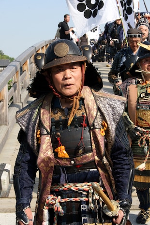 During the 30th annual Kintai-kyo Festival at Kikko Park, 350 Iwakuni residents participated in the Daimyo Procession across the historic bridge April 29, 2007. This year, for the first time ever, members of the procession will briefly be available for photographs with audience members.