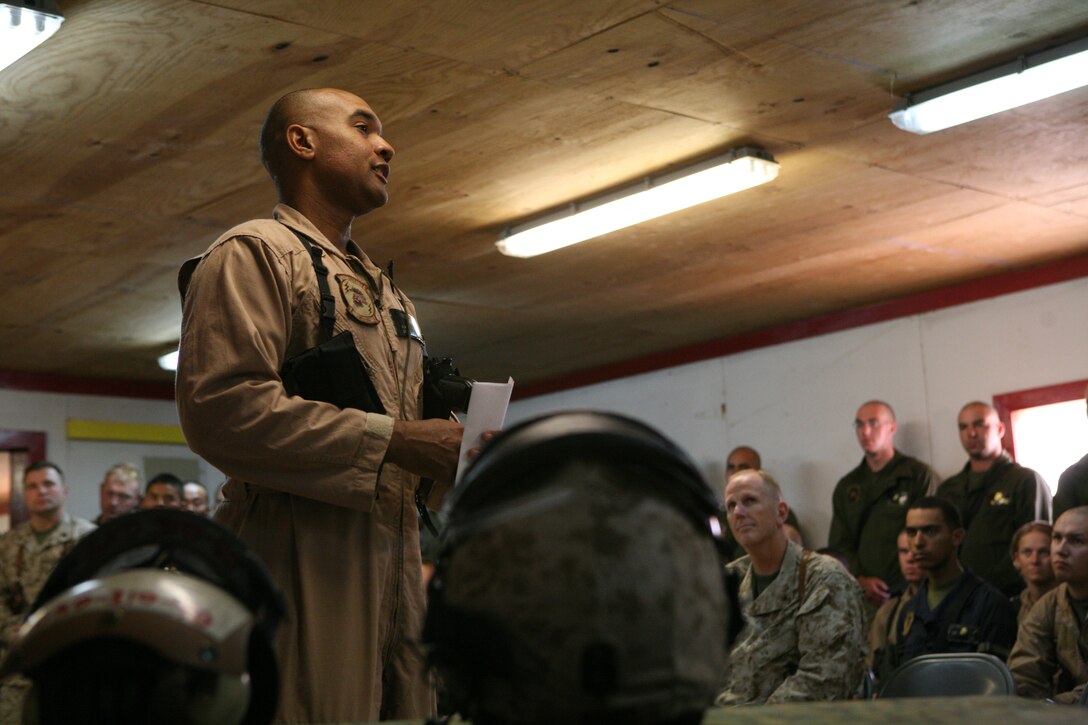 Lt. Col. Brian W. Cavanaugh, the Marine Heavy Helicopter Squadron 362 commanding officer speaks to the Marines and special guest of the squadron about the ?Ugly Angels? history during their birthday celebration, April. 30. The Ugly Angels celebrated 55 years of service.
