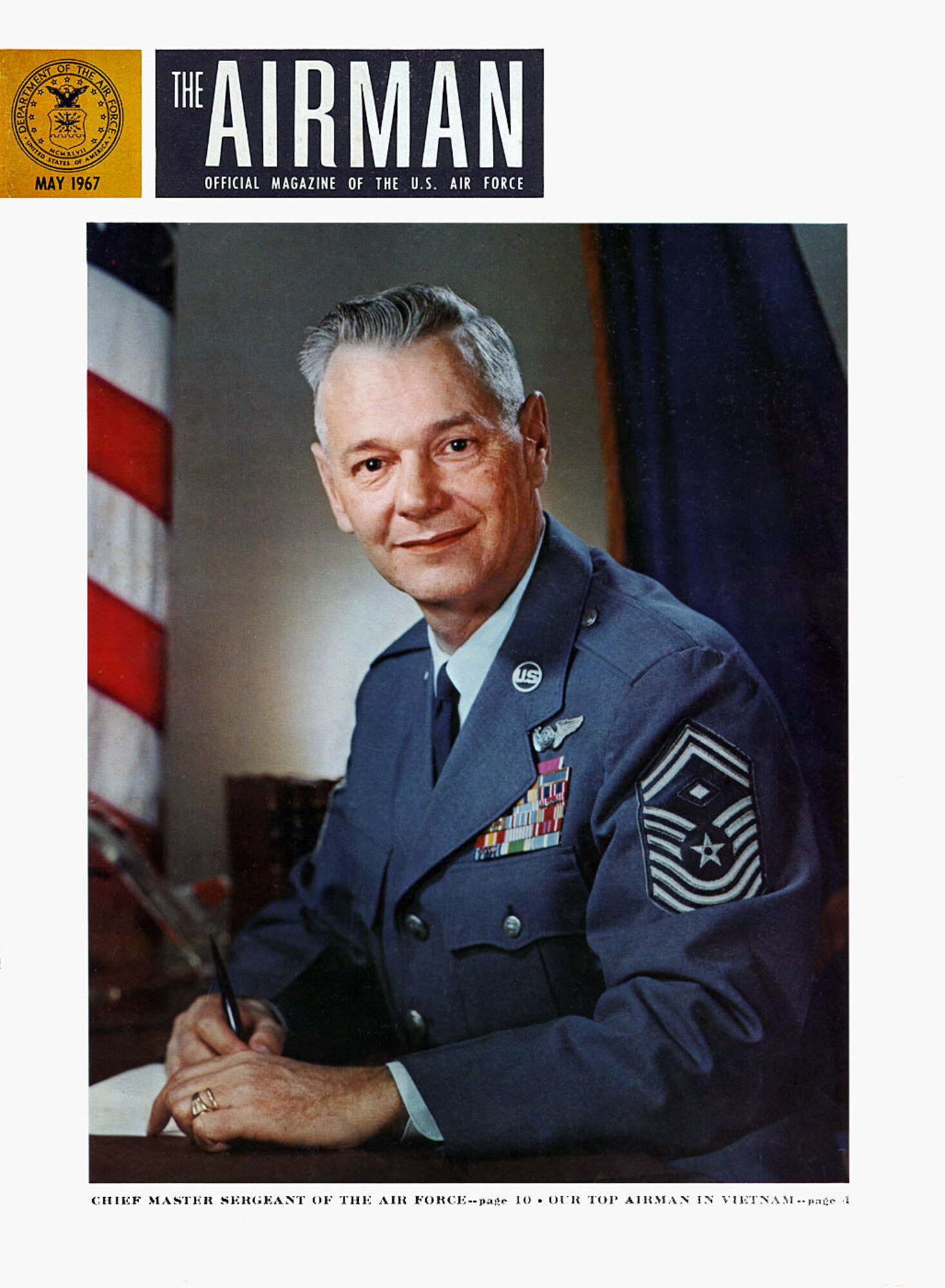 The cover of the May 1967 issue of Airman magazine announced the creation of a new NCO leadership position, Chief Master Sergeant of the Air Force, and the appointment of Chief Master Sgt. Paul Airey as the first to fill the position. (U.S. Air Force photo)