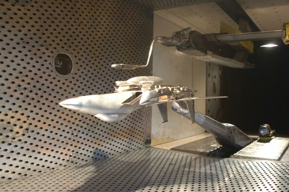 This five-percent scale model of the F-15E Strike Eagle and Joint Air-to-Surface Standoff Missile (JASSM) was used to conduct store separation testing in Arnold Engineering Development Center’s four-foot transonic wind tunnel.