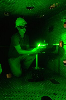 Nickolas Galyen, an engineer in Aerospace Testing Alliance’s Integrated Test and Evaluation department, aligns a calibration target during a series of tests to validate the use of stereo particle image velocimetry (PIV) in the 4-foot transonic wind tunnel at Arnold Engineering Development Center. Images of the precisely machined target are used to spatially calibrate particle images to measure three-dimensional velocity airflow fields.
