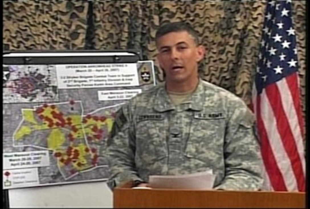 U.S. Army Col. Steven Townsend, commander, 3rd Brigade, 2nd Infantry Division, briefs the Pentagon Press Corps from Baghdad, to provide an update on current operations, April, 30 2007.