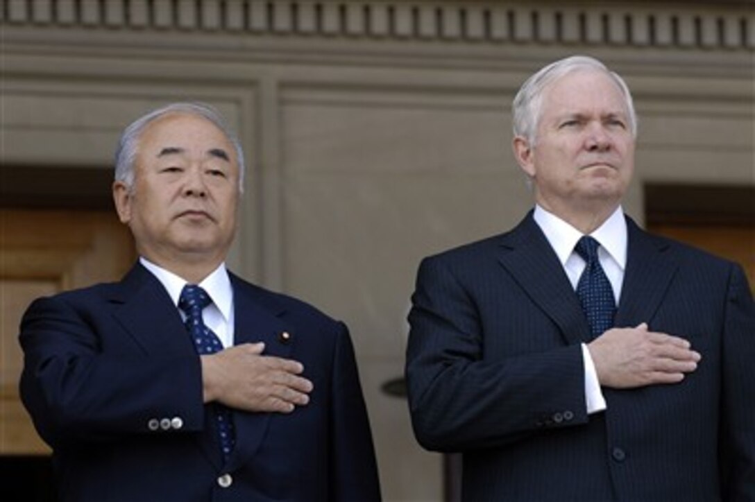 Secretary of Defense Robert M. Gates (right) and Japanese Minister of Defense Fumio Kyuma listen as the band plays the "Star-Spangled Banner" during an arrival ceremony for Kyuma at the Pentagon on April 30, 2007.  Gates, Kyuma and their senior advisors will meet to discuss security matters of interest to both nations.  
