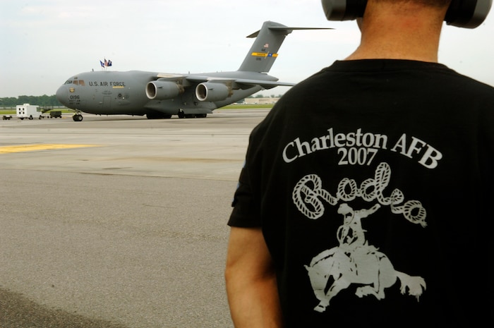 Tech Sgt. Michael Chiodo, 315th Aircraft Maintenance Squadron crew chief, taxis in the 2007 Rodeo Team on the Charleston AFB flightline Saturday. (U.S. Air Force photo/Airman 1st Class Nicholas Pilch) 
