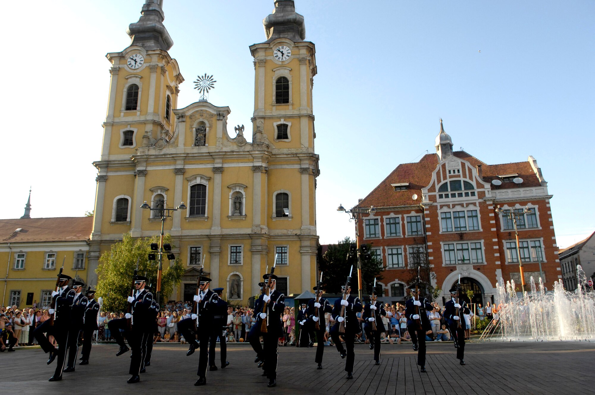 Members of the U.S. Air Force Honor Guard Drill Team headline the international Regimentfest armed forces showcase in Miskolc City, Hungary, July 28. The team performed their 16-person routine at the Hungarian Tomb of the Unknown Soldiers. They are visiting three countries across central Europe. (U.S. Air Force photo/Senior Airman Daniel R. DeCook)