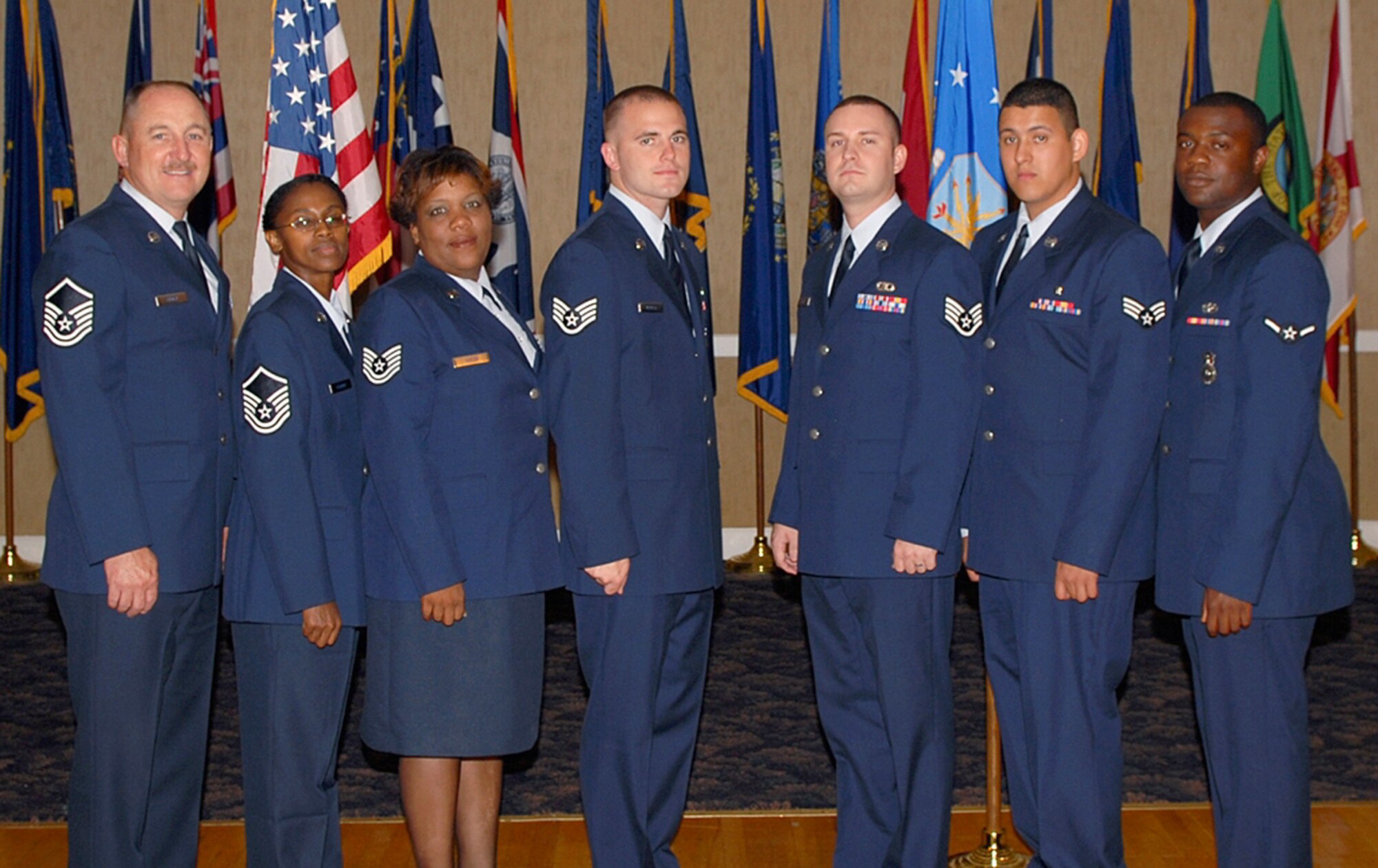 The 14th Flying Training Wing congratulates the August enlisted promotees. Pictured are: to Master Sgt.: James Cross, 14th Civil Engineer Squadron; Georgia Conner, 14th Mission Support Group; to Tech. Sgt.: Netteta Taylor, 14th Contracting Squadron; to Staff Sgt.: Larry Newell, 14th CES; Donald Lecompte, 14th Operations Support Squadron; to Senior Airman: Abel Pelayo, 14th Medical Operations Squadron; to Airman: Willie Mack Johnson, 14th Security Forces Squadron. (U.S. Air Force Photo)