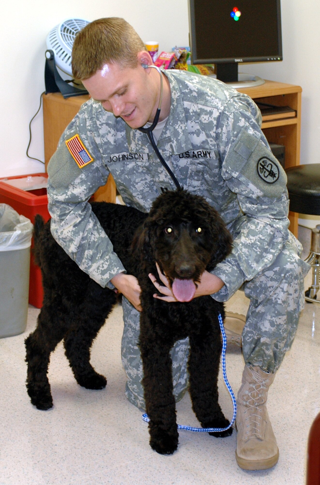 Army Capt. (Dr.) James Johnson, Travis’ veterinarian, listens to Bender’s heart during a routine check-up. The Travis veterinarian clinic offers well-pet exams, checkups and minor procedures. The clinic also offers medications for heartworm disease, fleas and ticks. (U.S. Air Force photo/Nick DeCicco)

