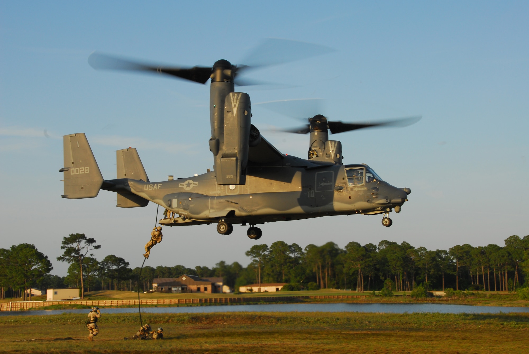 Air Force special tactics Airmen practice fast-roping from a CV-22 Osprey at Hurlburt Field, Fla., May 22, 2007.  The Osprey is flown by Air Force Special Operations Command's 8th Special Operations Squadron at Hurlburt.  (US Air Force photo by Chief Master Sgt. Gary Emery) (Released)