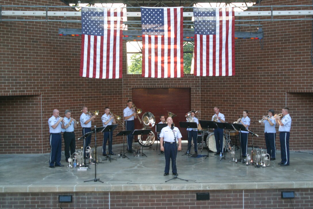 The USAF Heartland of America Band's Brass in Blue performs a concert for an audience in Glenwood, Iowa in June of 2007.