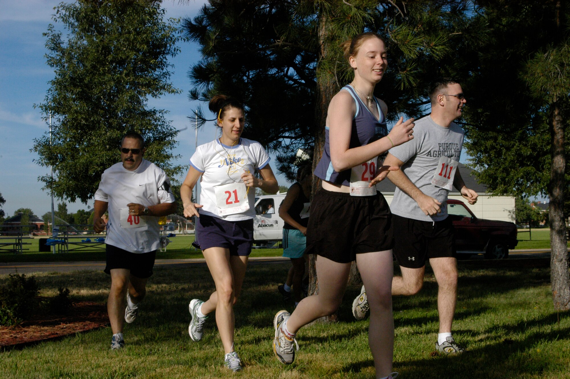 Airmen and citizens of Cheyenne complete the first turn of the Buffalo Stampede here Saturday. More than 100 people participated in the annual 5K/10K run that occurs during Fort D.A. Russell Days here. The winner for the male 10K is Jason Nicholas; second place, Denny Majeske; third place, David Londe. The winner for the female 10K is Devonna Reiner; second place, Jennifer Slyva; third place, Danielle Price. The winner for the male 5K is Gabe Bueno-Evans; second place, Jim Garrison; third place, Ryan Kremples. The winner for the female 5K is Rebecca Fournier; second place, Carrisa Lane; third place, Abi Beaver (Photo by 2nd Lt. Lisa Meiman).