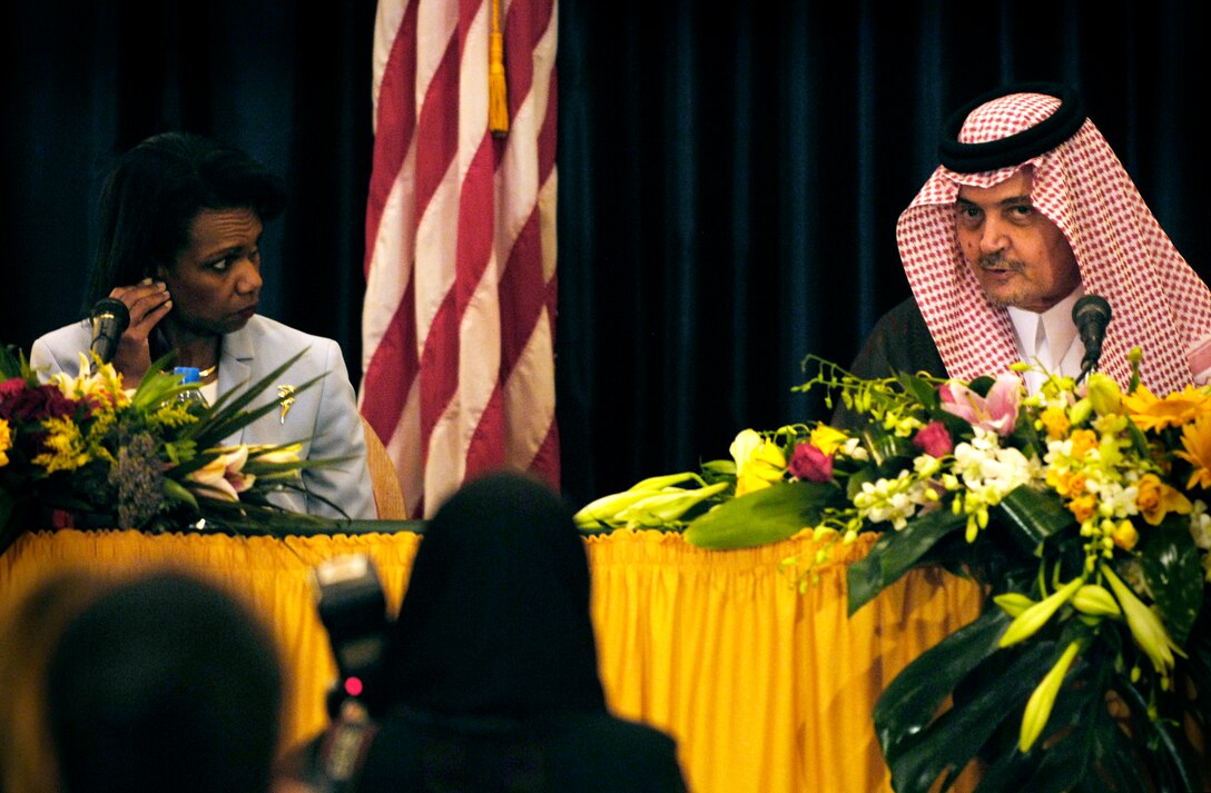 Saudi Foreign Minister Saud Al-Failsal responds to a question during a press conference with U.S. Defense Secretary Robert M. Gates (not pictured) and Secretary of State Condoleezza Rice in Jeddah, Saudi Arabia, Aug. 1, 2007.  