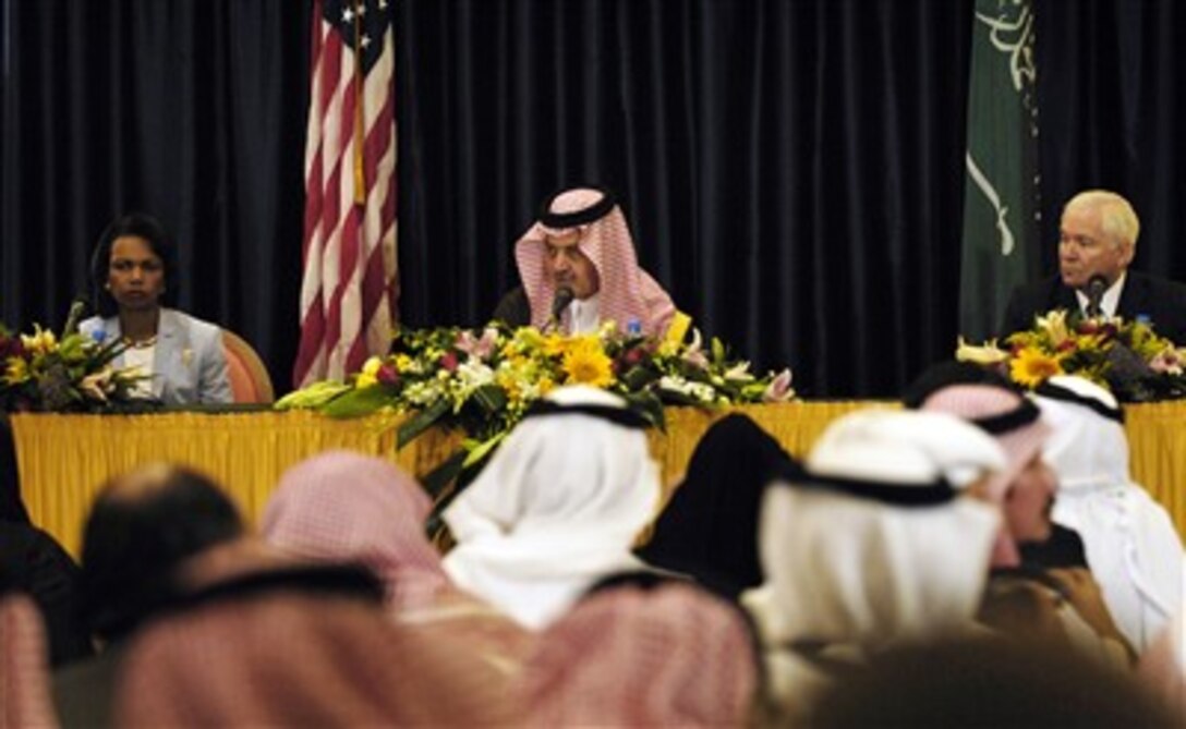 Defense Secretary Robert M. Gates, right, and Secretary of State Condoleezza Rice, left, conduct a press conference with Saudi Foreign Minister Saud Al-Failsal in Jeddah, Saudi Arabia, Aug. 1, 2007. Gates and Rice are in the Middle East to discuss regional affairs and the U.S.'s long-term relationship with Saudi Arabia.  