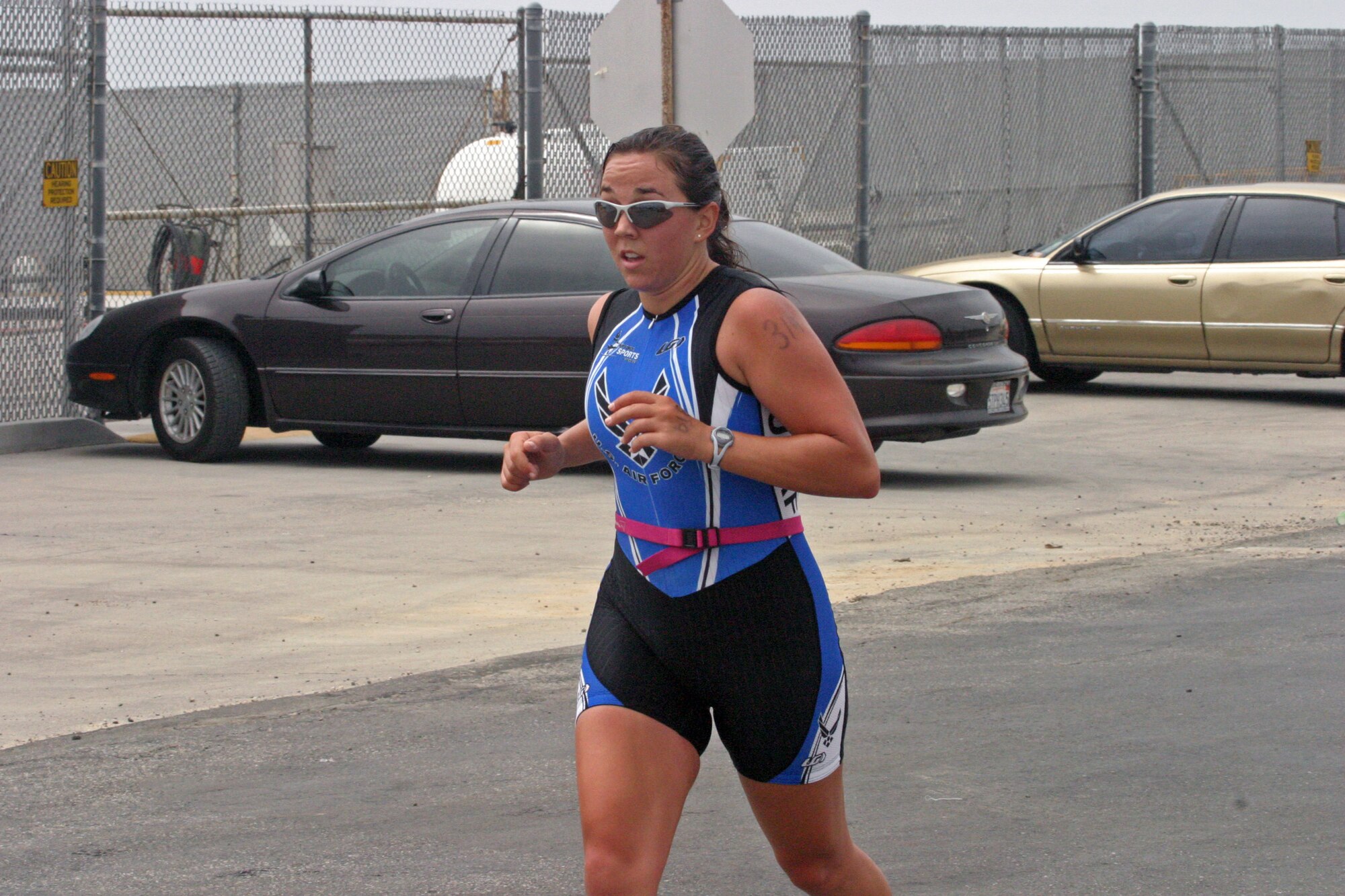 2nd Lt. Stephanie Hirst runs a steady pace during the 2007 Armed Forces Triathlon Championship at Naval Base Ventura County-Point Mugu, Calif., July 28. Lieutenant Hirst , from the U.S. Air Force Academy, Colo., was the second top Air Force women's finisher and was selected to the combined 2007 Armed Forces Triathlon Team.  (U.S. Air Force photo/Staff Sgt. Ty Reyes)