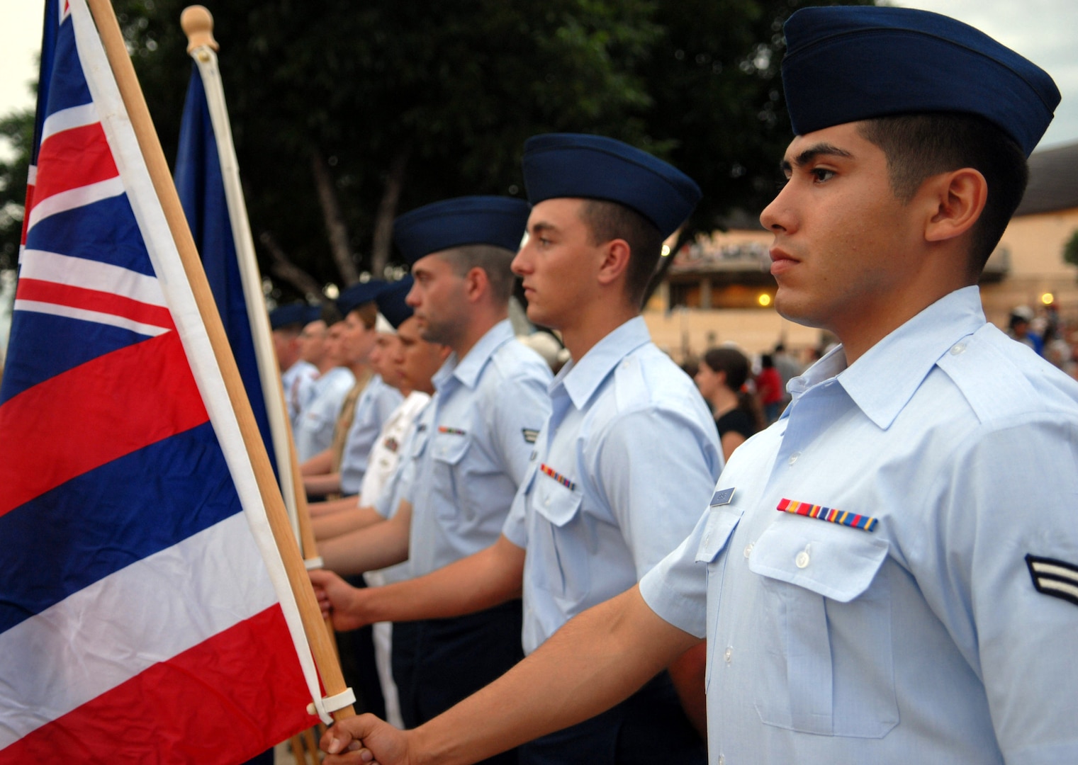 Goodfellow students volunteer to hold flags representing each of the U.S.’s 50 states and territories. (U.S. Air Force photo by Airman 1st Class Kamaile Chan)