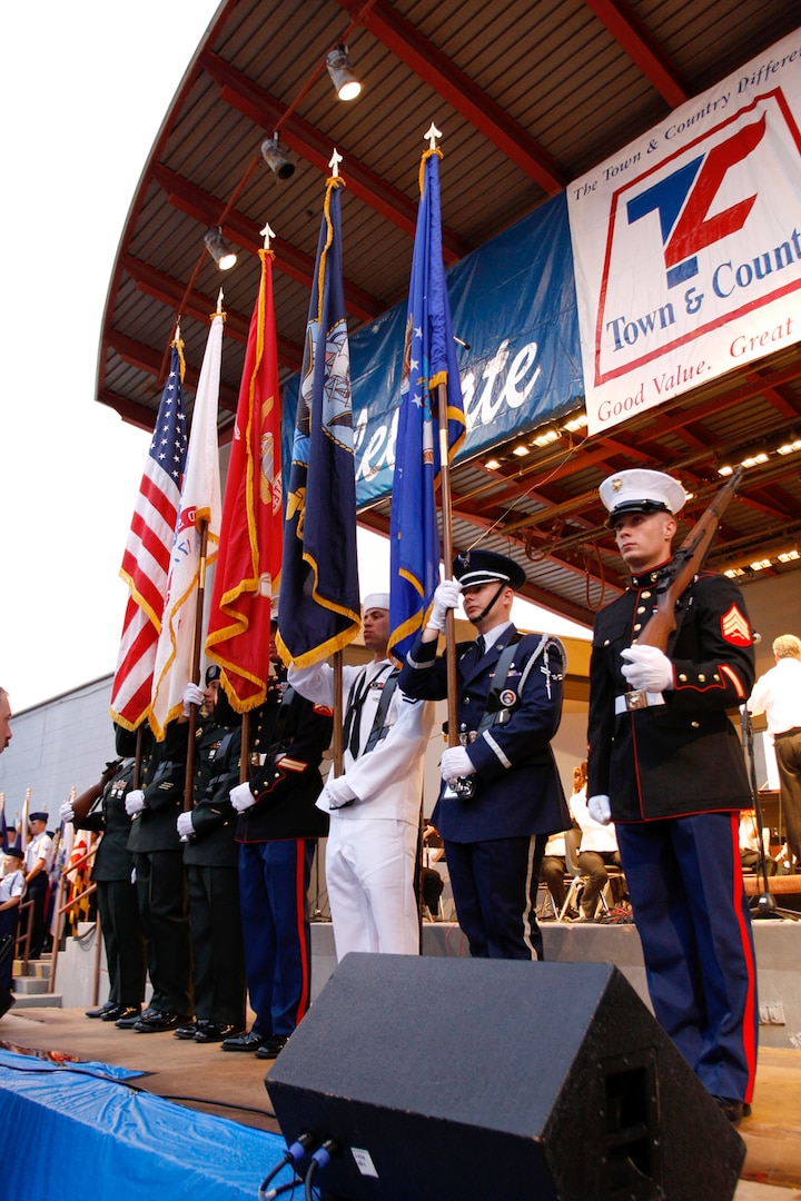 The Goodfellow Color Guard prepares to post the colors for the playing of the Star Spangled Banner at the Pops Concert July 3. (U.S. Air Force photo by Tech. Sgt. Sean Blumenhein)