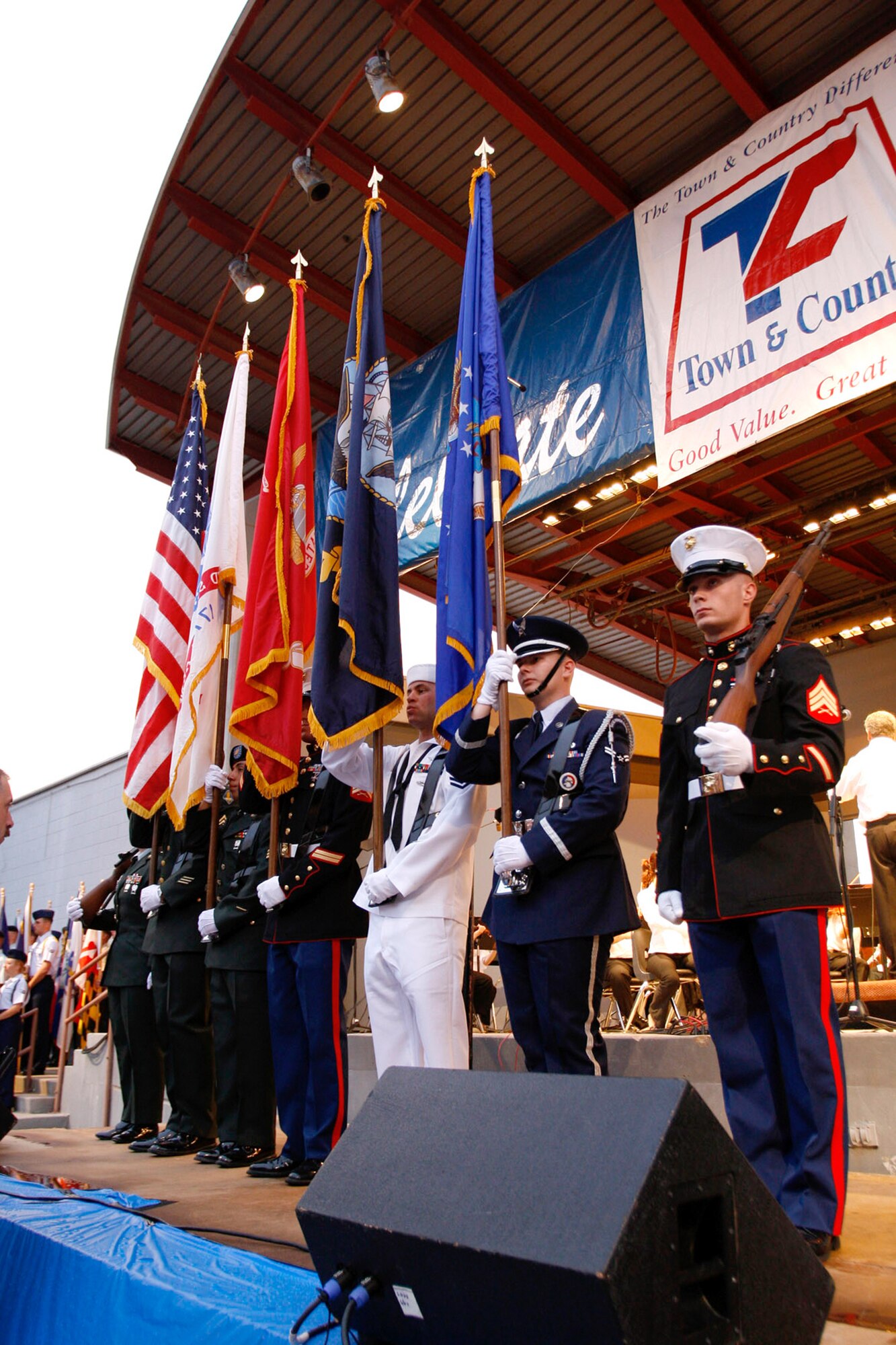 The Goodfellow Color Guard prepares to post the colors for the playing of the Star Spangled Banner at the Pops Concert July 3. (U.S. Air Force photo by Tech. Sgt. Sean Blumenhein)