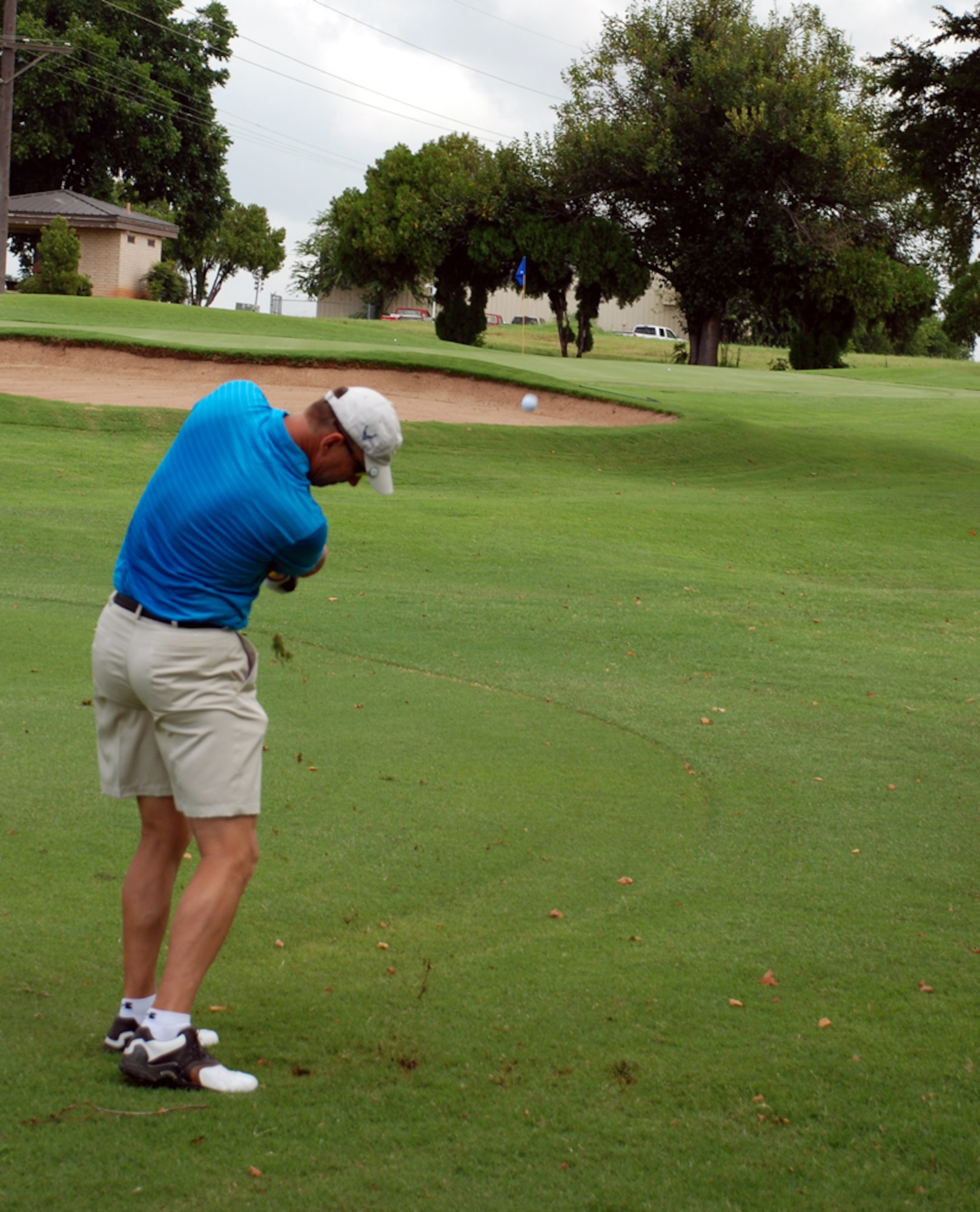 Col. Steven McKay, 82nd Mission Support Group commander, hits the ball at a farewell golf tournament held in honor of Colonel McKay Aug. 2 at the Wind Creek Golf Course. (U.S. Air Force photo/Cadet Third Class Justin North)
