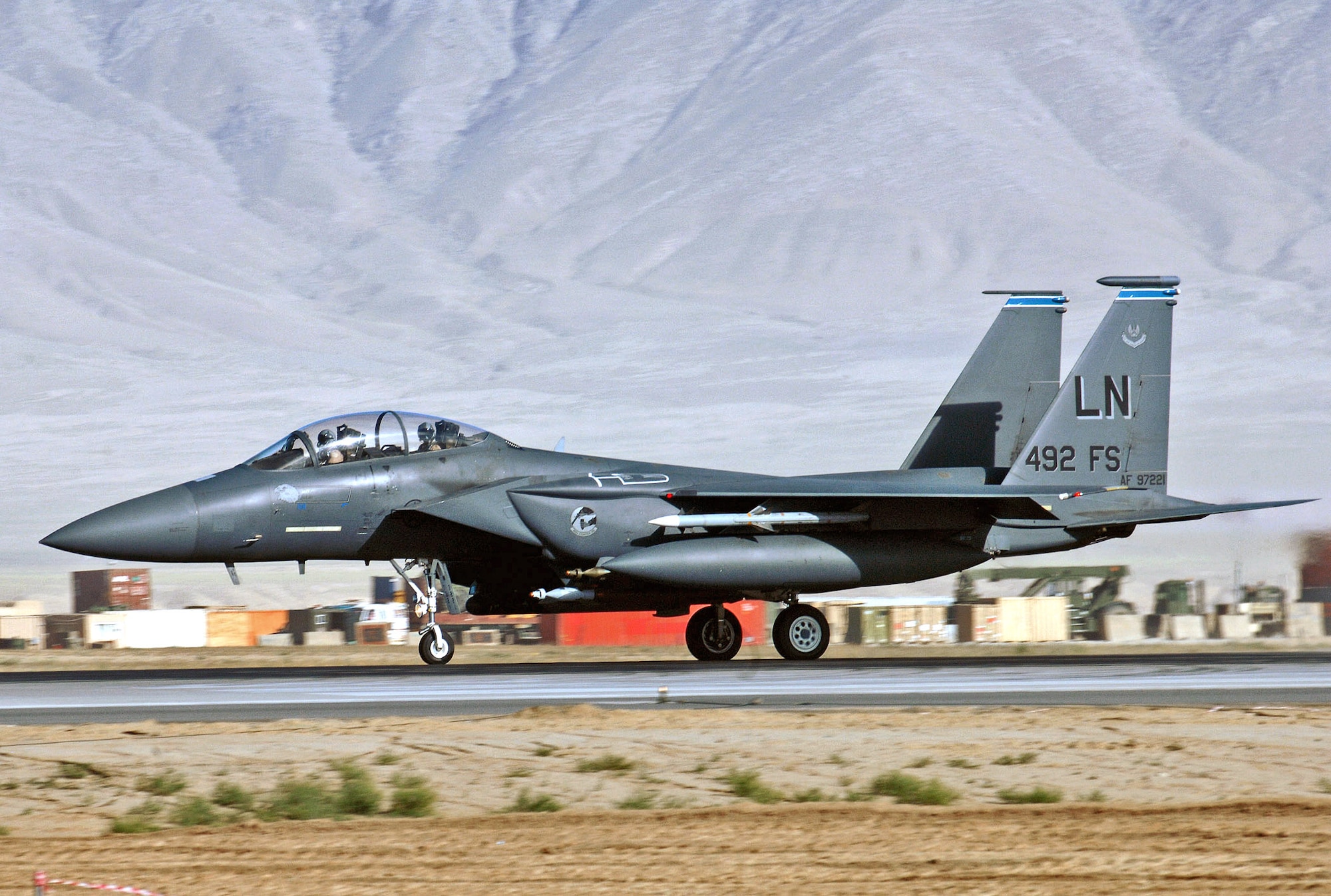An F-15E Strike Eagle assigned to the 492nd Expeditionary Fighter Squadron takes off from Bagram Air Base, Afghanistan. The 492nd EFS is deployed from Royal Air Force Lakenheath, England. F-15Es fly close-air-support missions for Operation Enduring Freedom and contributed to 37 coalition sorties over Afghanistan Aug. 1. (Air Force photo/Staff Sgt. Craig Seals) 