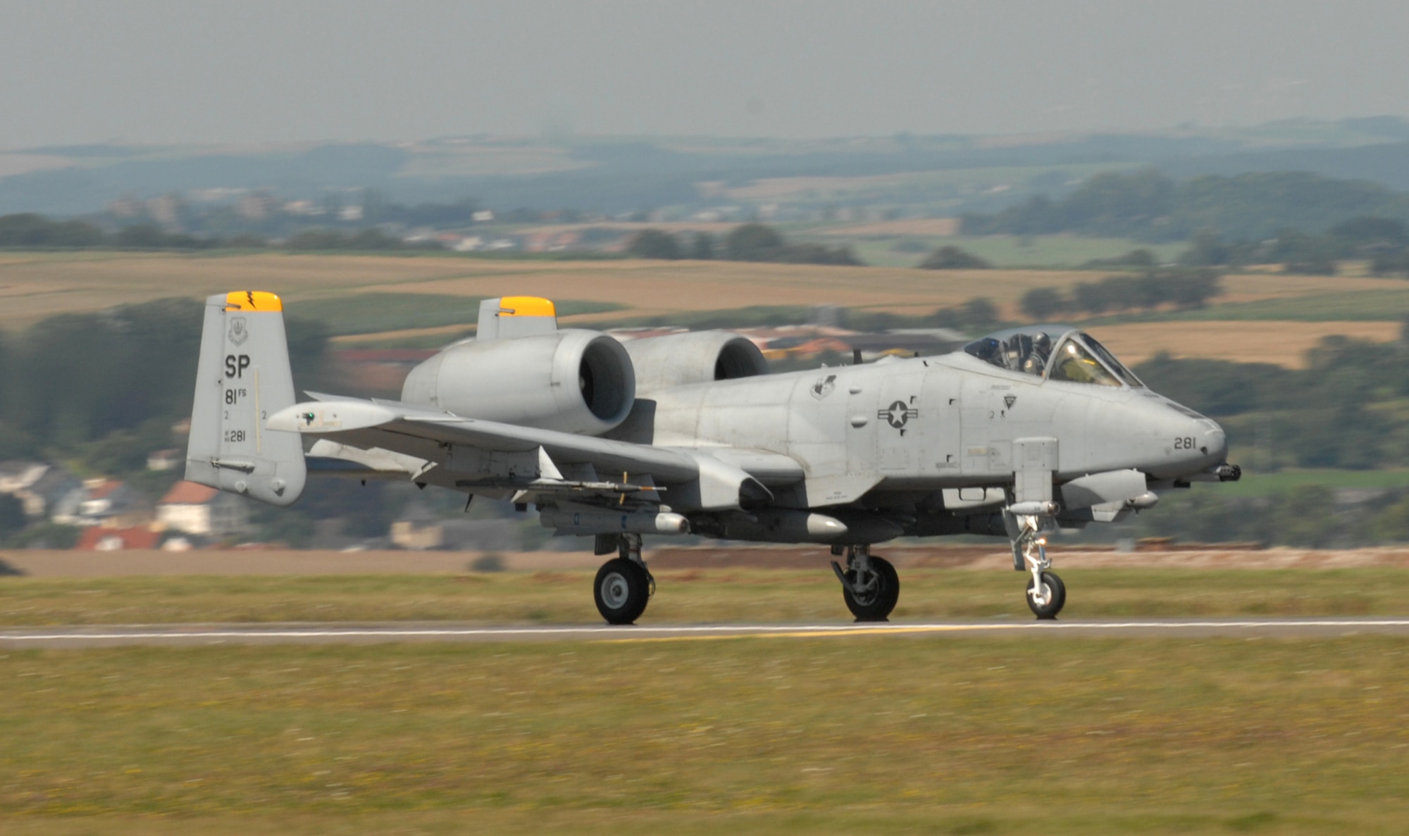 SPANGDAHLEM AIR BASE, Germany – An 81st Fighter Squadron A-10 Thunderbolt II touches down on the Spangdahlem Air Base runway upon return from a deployment to Royal Air Force Lakenheath in England when the runway was closed for repairs in June. (U.S. Air Force photo/Airman 1st Class Stephanie Clark)